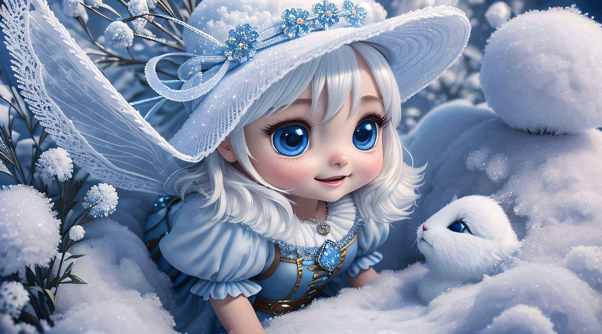 a cute little rabbit+snow-white fluffy,big bright eyes, sweet smile,sweet smile,sweet smile,dressed as a fashion model, wearing a blue Crystal texture Fashion suit, hat and handbag, snowwhite fluffy,big bright eyes, bright big eyes,standing, fluffy tail, winter rising, flowers and snow gently fluttering, extremely detailed 3d animation rendering symmetrical center position, super lifelike, super detailed, luxurious, 3, movie lights, super clear details, super transparent materials, closeup, complex texture, octane rendering, zbrush, 8k, super realistic ureal --auto --s2
