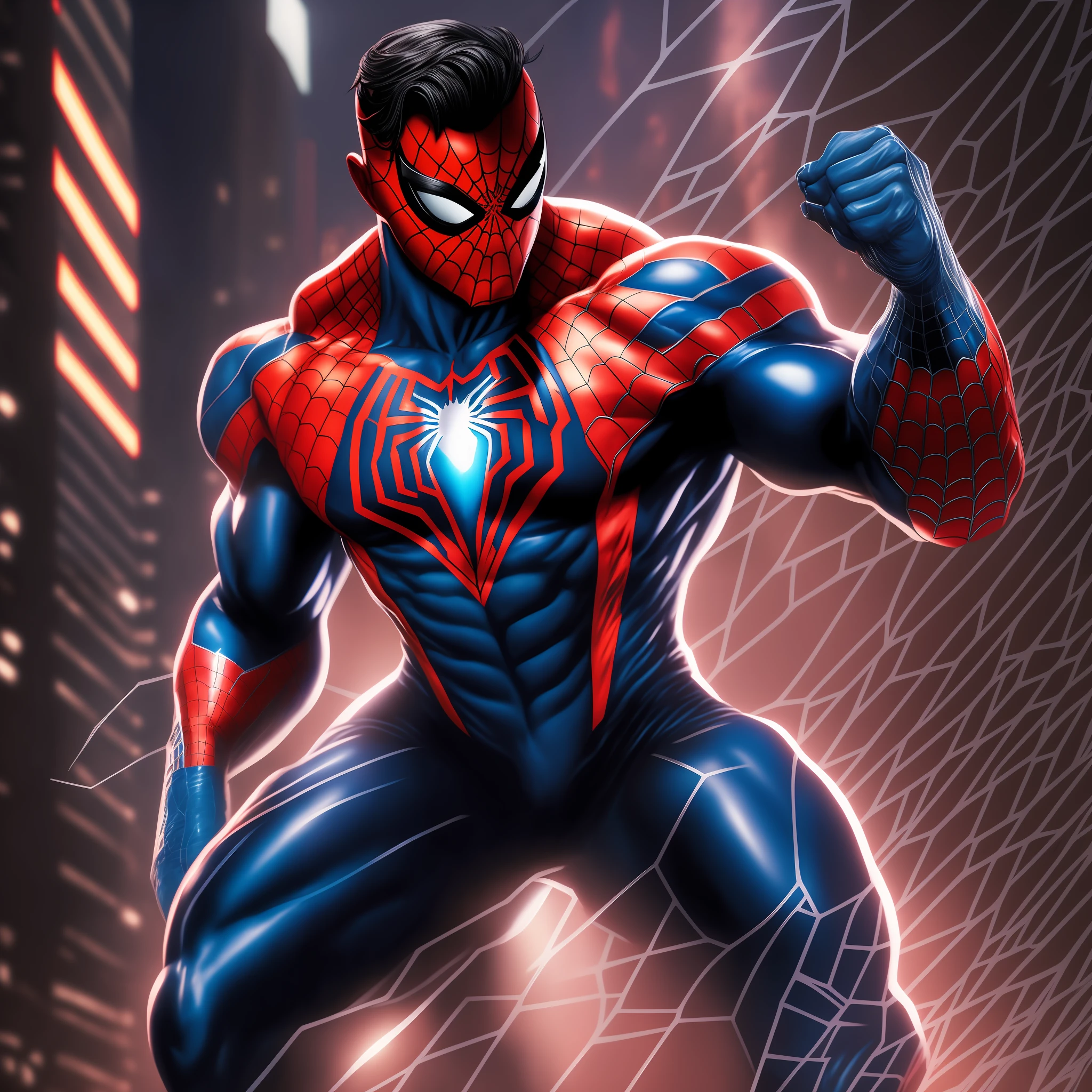 A 30-year-old man with goatee, medium black hair, is the spider-man 2099 of the Marvel comics, Biceps and triceps defined, large pectoral, strong feathers, strong deltoids, defined abdomen, strong forearm, thick neck aesthetic, in the style of realistic renderings, spider-man 2099, 8k, detailed eyes, perfect eyes, epic, dramatic, fantastic, full body, design and intrigued details,  Dramatic lighting, hyper-realism, photo-realistic, cinematic, 8K, detailed face, dramatic photo, epic photo. --auto --s2