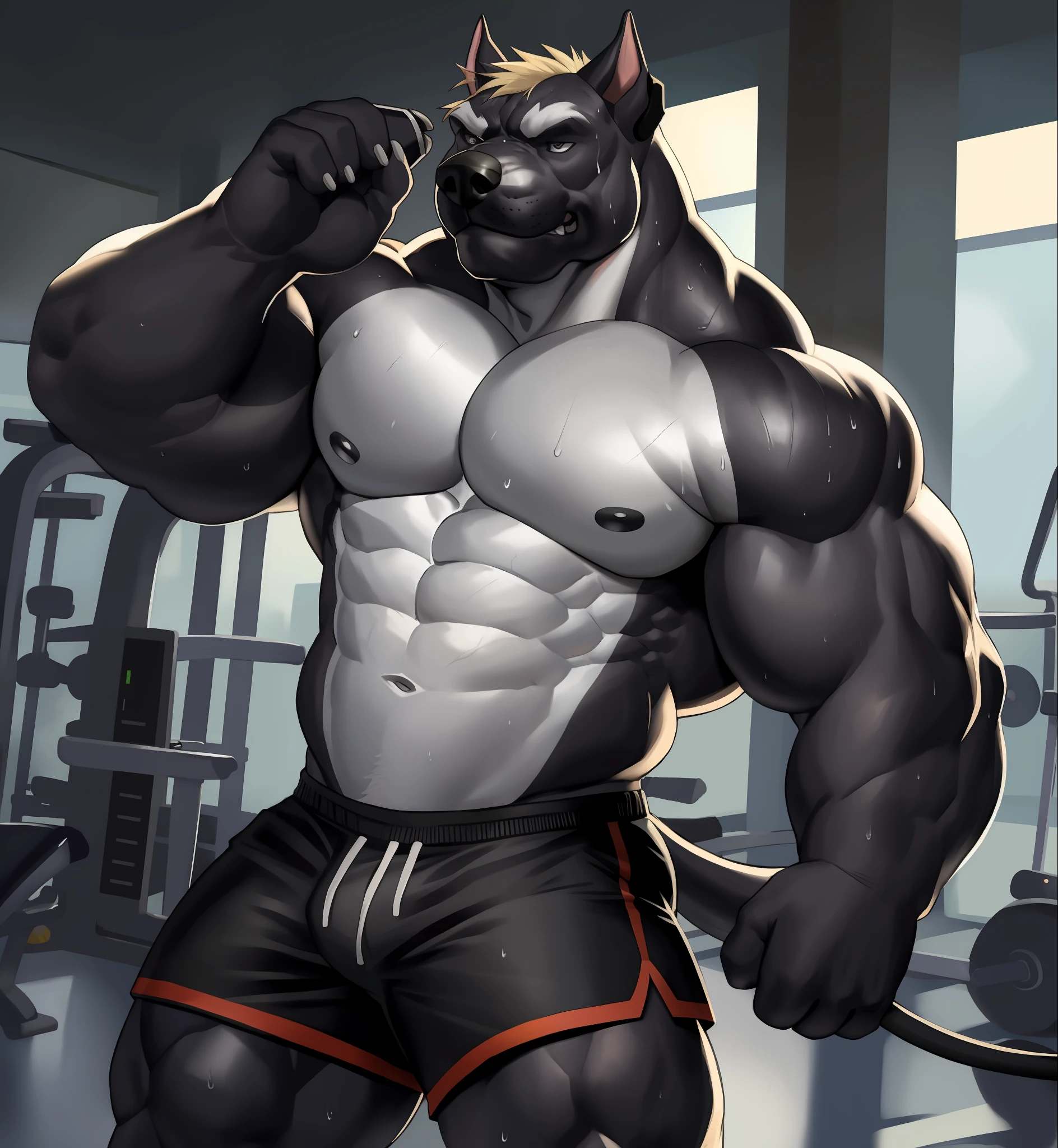 solo, anthro (cane Corso, pit Bull), full ears, body, white belly, detailed eyes, team t-shirt, Gym,: 1.6, sweat, heavy breathing: 1.5, correct hand, correct ???????, biceps, (muscular) veins by the body little volume of the private parts (thick fabric black shorts, Headphone, Gym background, 8k hd, dark shadows