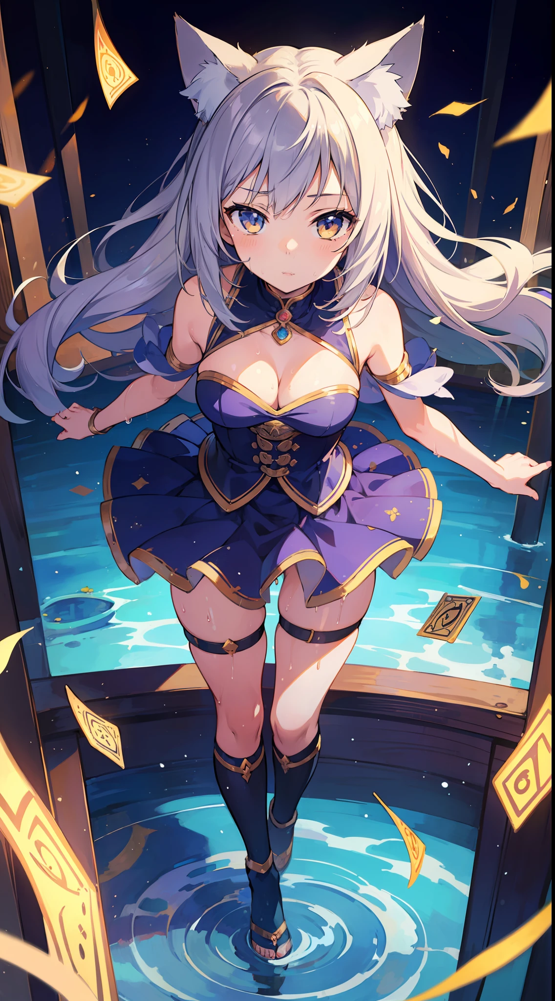 (Masterpiece), (Top Quality Anime Illustration), (Super Definition), One Girl, Solo, Silver-haired Beautiful Girl, Anime , Cat Ear Lolieavage Enhancement, Thigh Emphasis, Bastet God Costume, Wet Sheer, Tarot Card Wind