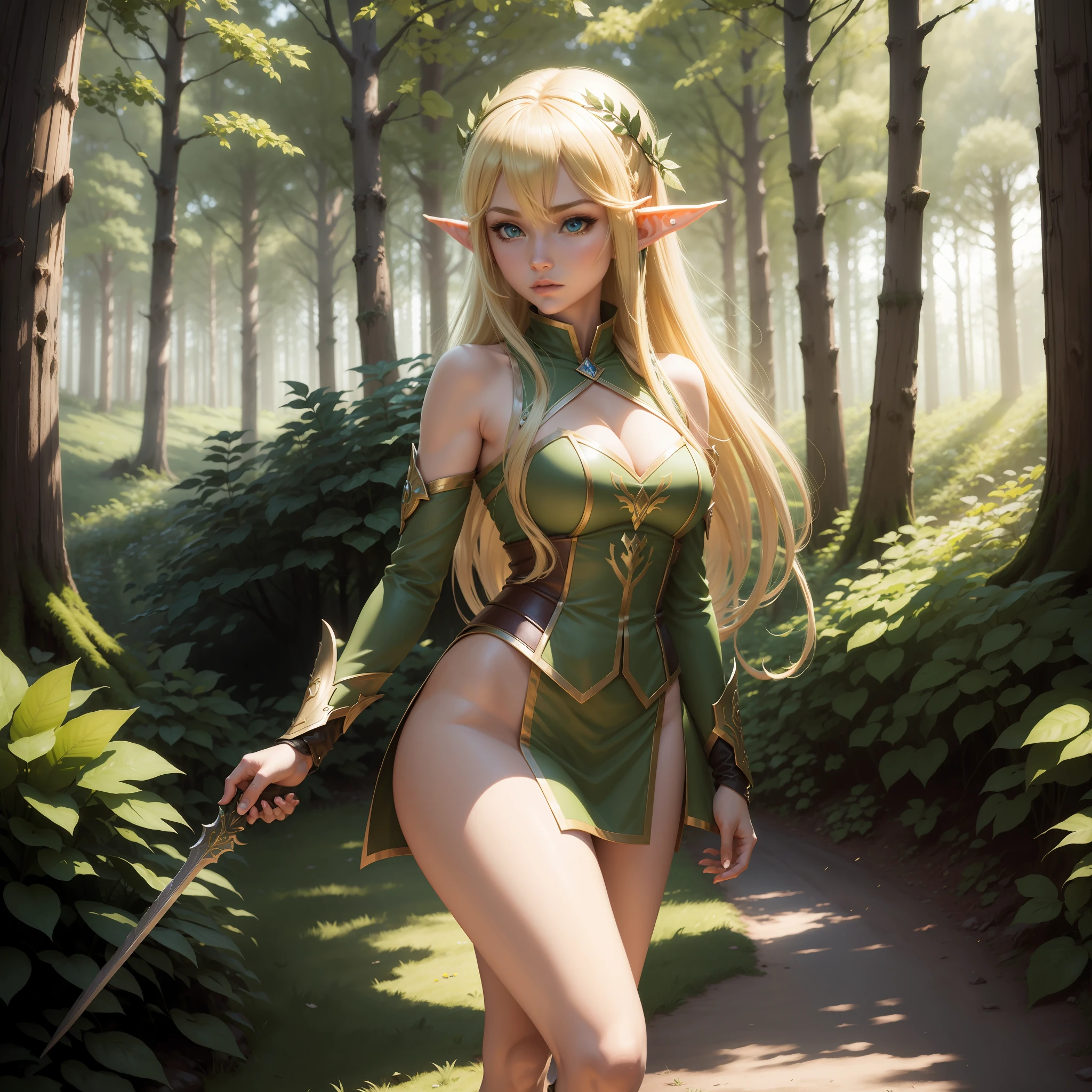 elf woman, solo girl, blonde elf, long hair, anime style, very high quality, elf aarcher, dynamic pose, forest in the background, main character, elf costumes, elite features, 8k, hyper detailed