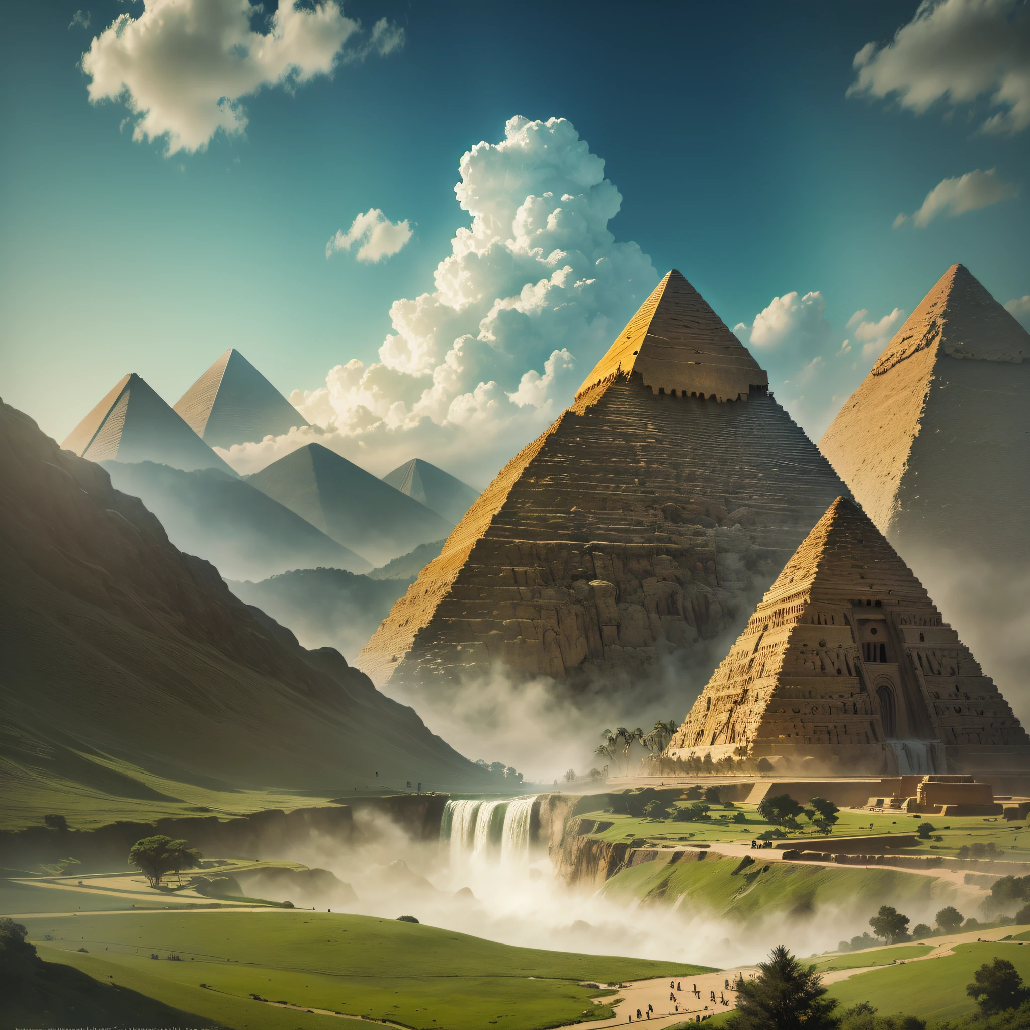 Huge pyramids Egypt, monuments of stone man coming out of a mountain are in the valley,in a mix of painting of a waterfall in a green forest with a ray of sunshine, waterfalls, incredible depth, breathtaking masterpiece of art, 16k, realistic photo. --auto --s2