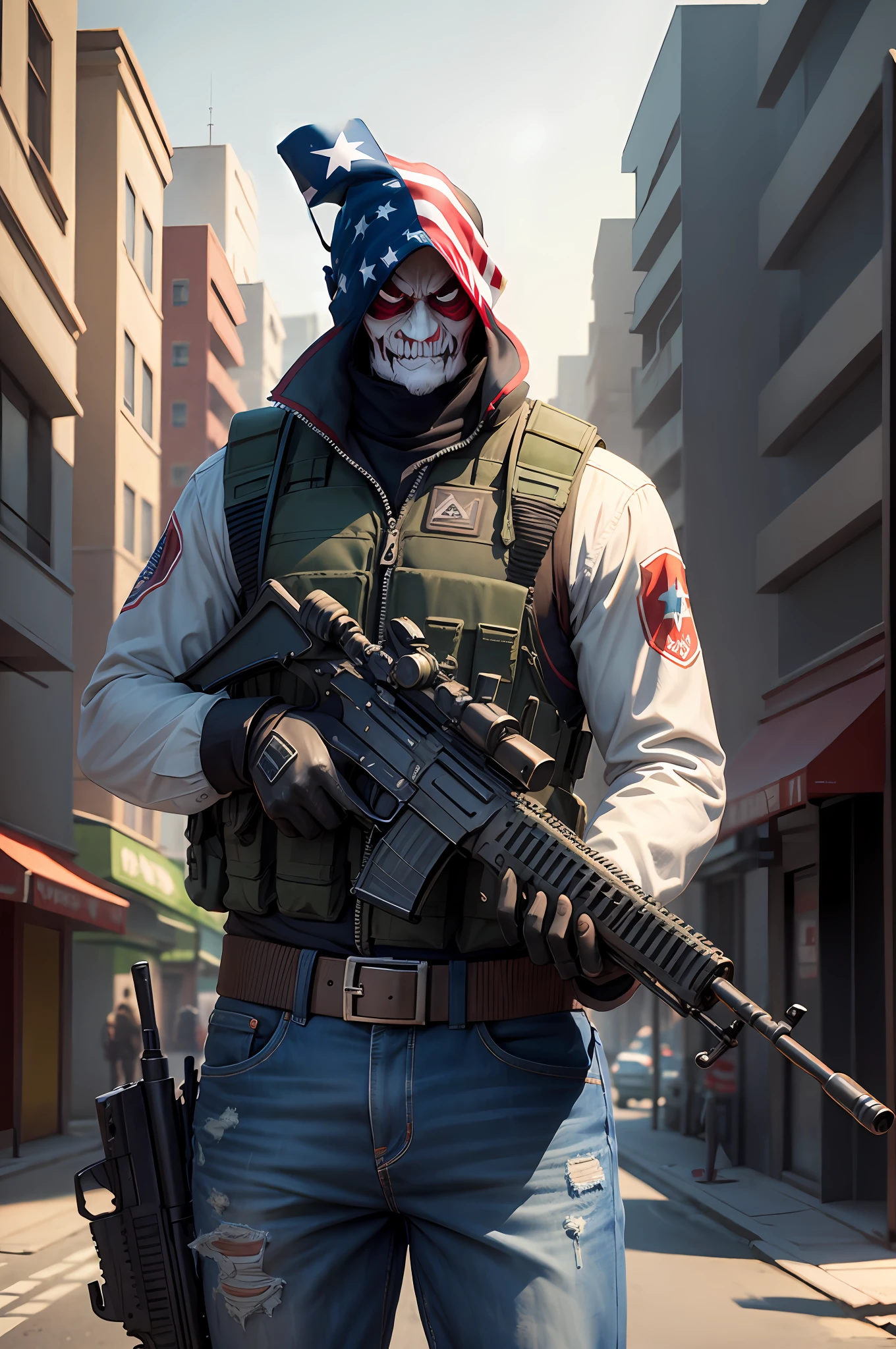 Evil face, camouflage nad colors of the flag of the United States of America