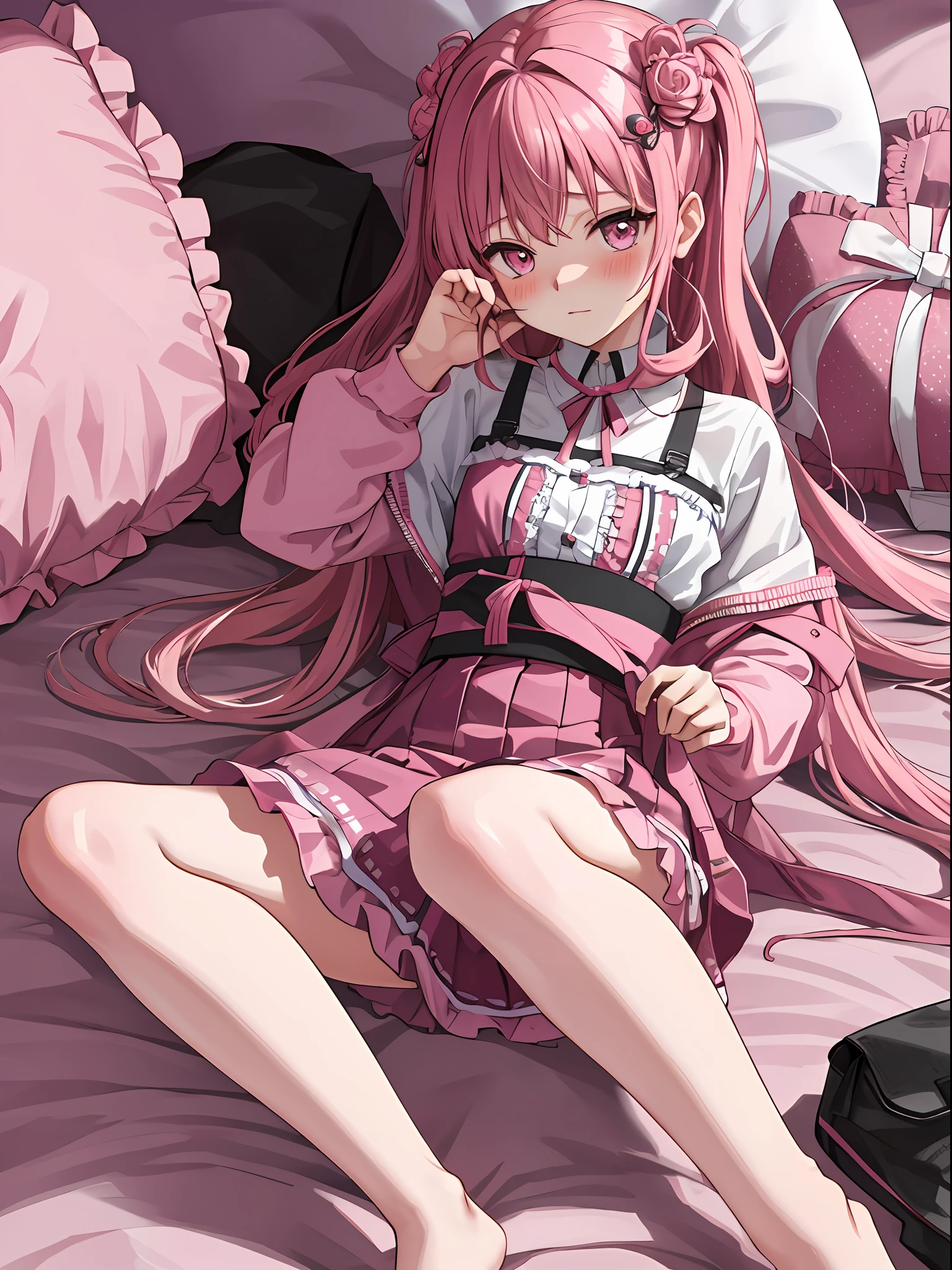 Best detail, masterpiece, highest quality, 4k, 8k, pink, ecchi, hair ornament, pink eyes, 15 years old, fashion model, , bed, lying down, appearance at birth, ecchi girl, seductive look, legs apart, blush and embarrassed, legs spread a little, and sweat from tension, the cutest girl in the world, perfect proportions,