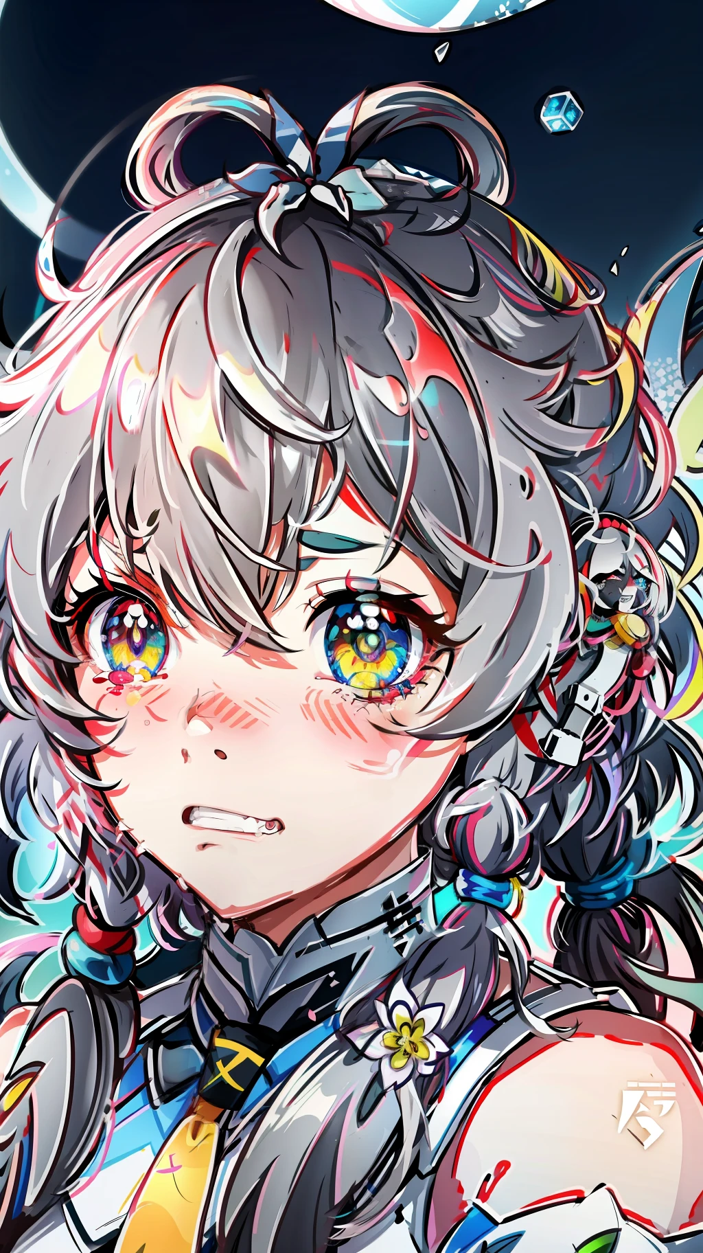 白丝少女,multicolored hair, ahoge, asymmetrical hair, messy hair, long hair, single sidelock, big hair, expressive hair, hair strand, hair over one eye, shiny hair, ribbon, white hairband, crazy eyes, raised eyebrows, multicolored eyes, mismatched pupils, dilated pupils, eye reflection, gradient eyes, eyeball, tears, aqua eyes, crying with eyes open, glowing eyes, eyebrows behind hair, heterochromia, pointy ears, crazy, clenched teeth, frown, tearing up, scowl, bright pupils, full blush, drooling, glint, yandere, saliva trail, excited, anger vein, ray tracing, motion lines, speed lines, anime, anime style, tachi-e, perspective, 8k, super detail, UHD, ccurate, anatomically correct, textured skin, super detail, high details, high quality, award winning, best quality, highres