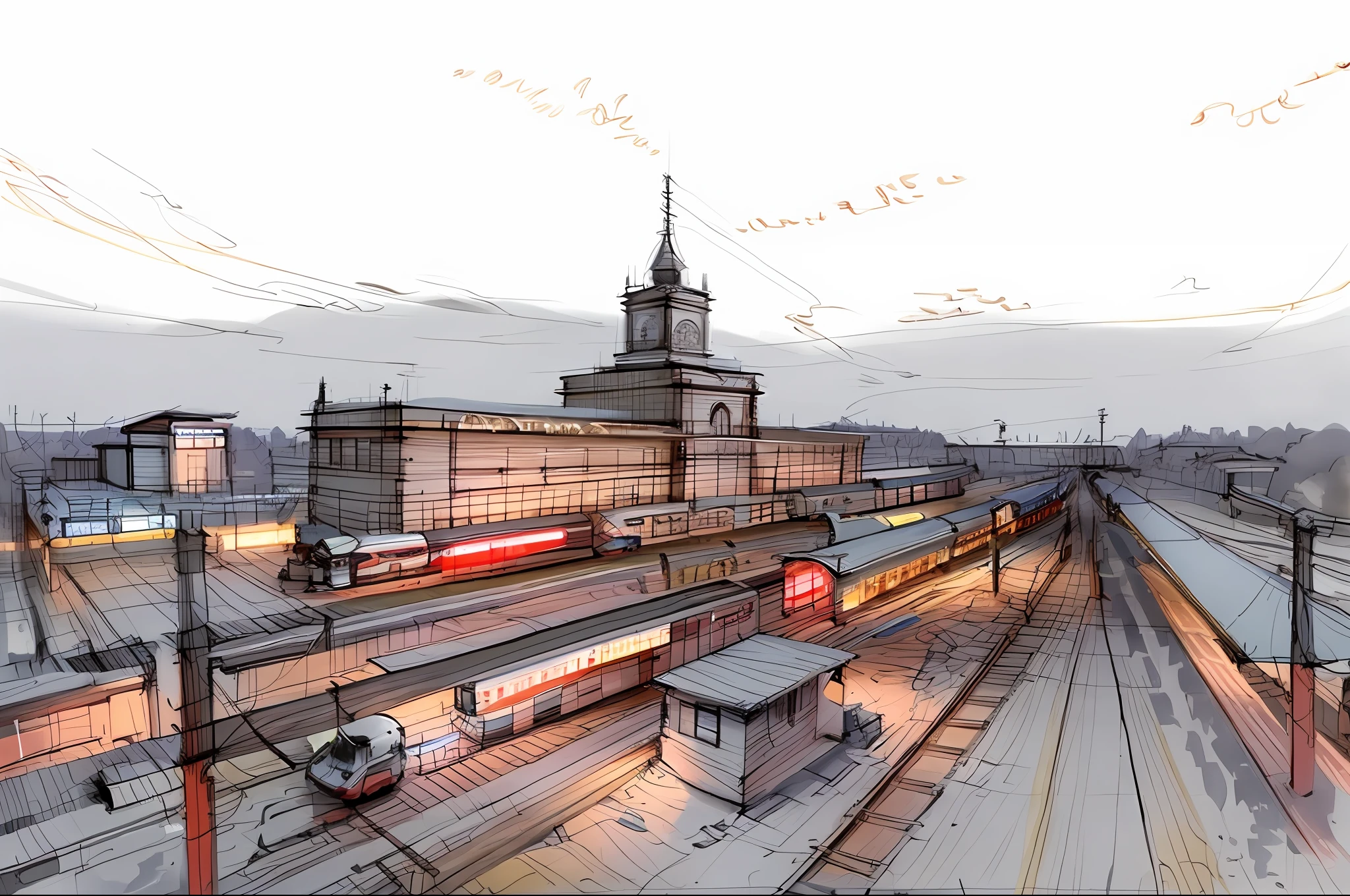 sketch, sketch, pen_sketch_style, electric trains at the station, the photo shows electric trains, railway, beautiful high resolution, it has red and black paint, the exterior of a huge beautiful station, the platform
