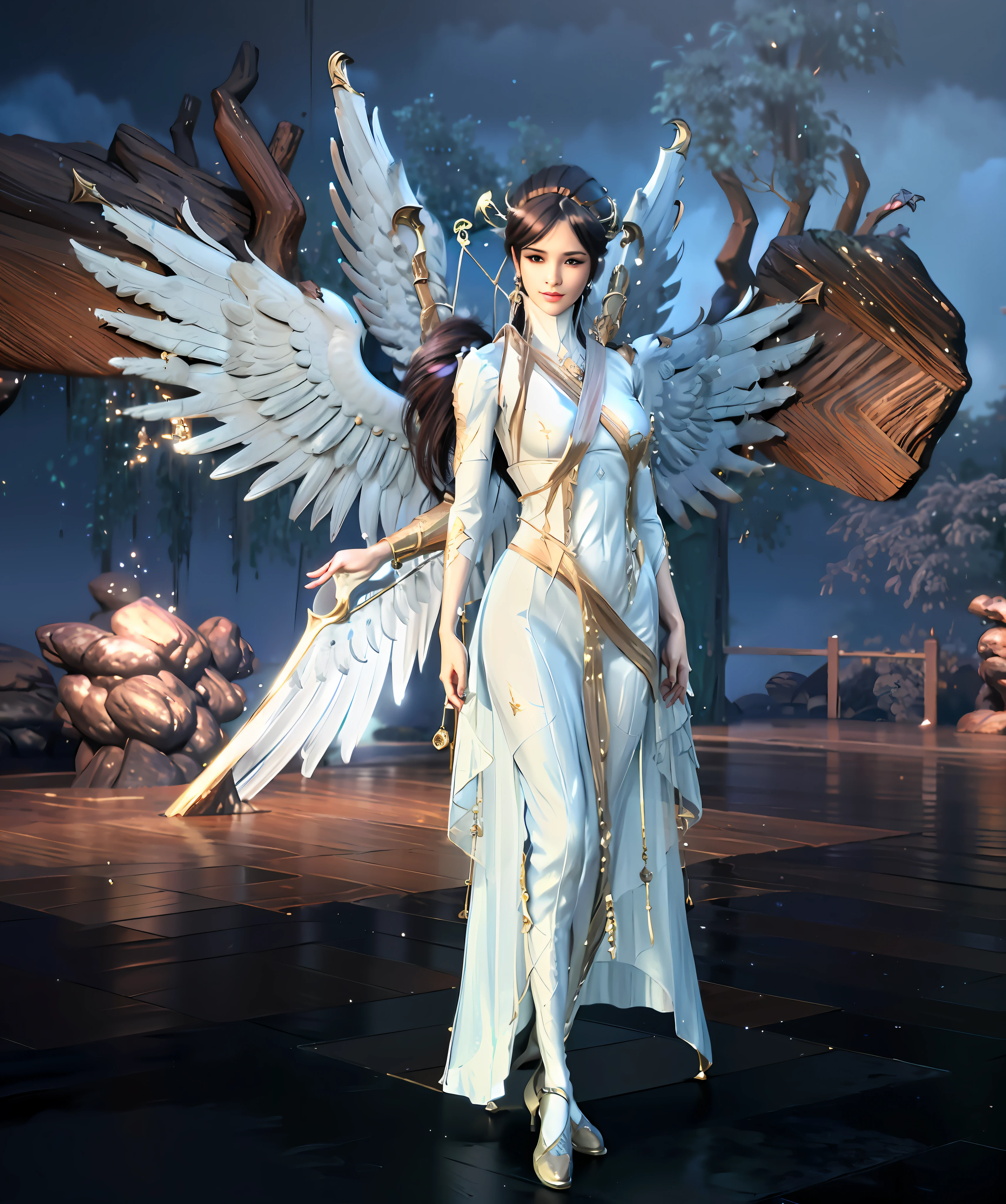 there is a woman in a white dress with wings on her head, epic angel wings, ethereal wings, full - body majestic angel, cotton cloud mage robes, cloud mage robes, pale blue armor, clothed in ethereal armor, clothes themed on a peacock mage, huge feathery wings, as a mystical valkyrie, big white glowing wings