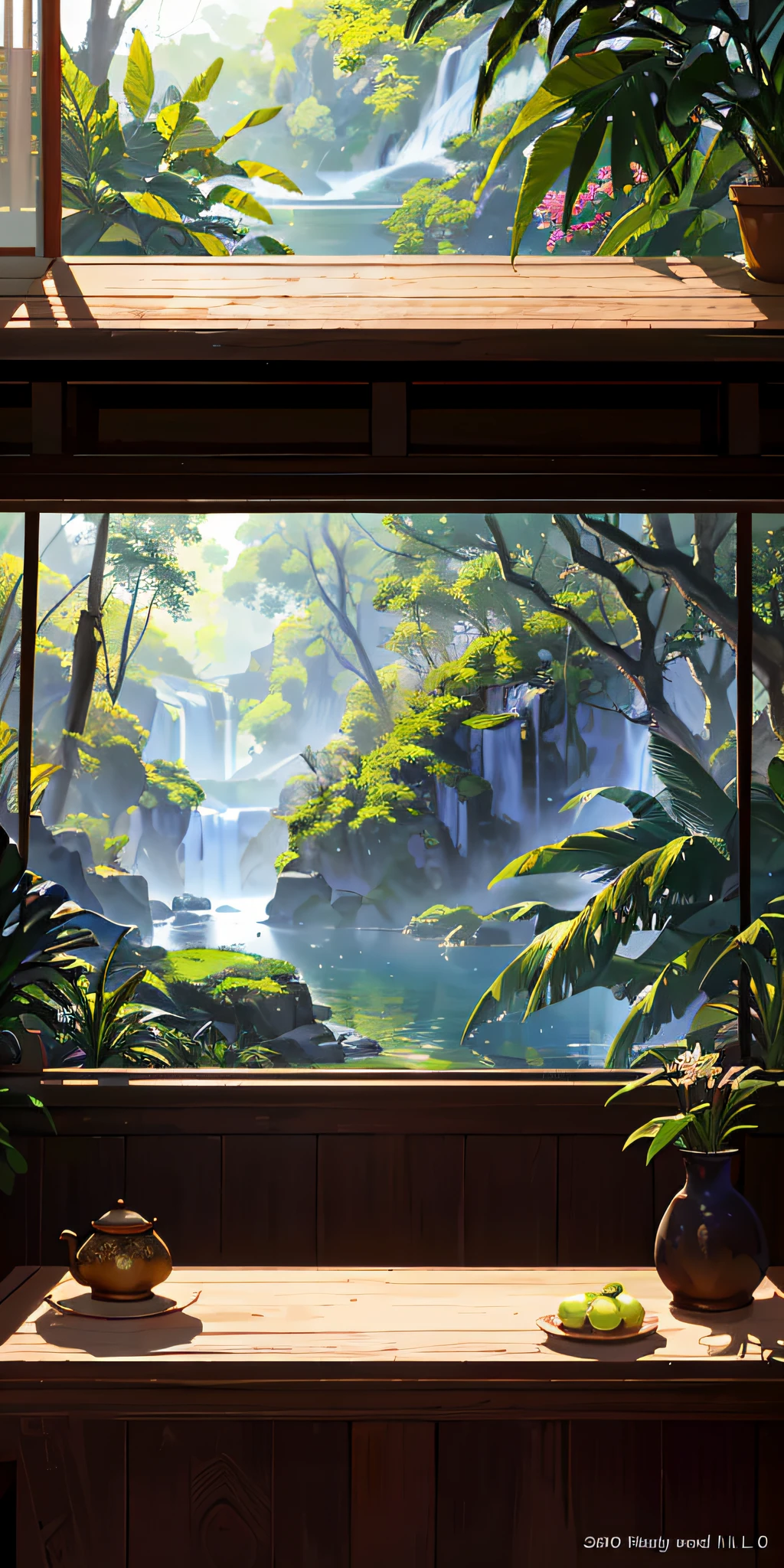 Using the right hand, macro photography depicts outdoor scenes themed around summer outdoor Chinese landscapes. The protagonist of this photo is a solid wood table with an elaborate blank tray placed on it. Lens focus glasses, fruit, dazzling midday sun, fisheye lens, distant views, tropical plants, hot weather, HD detail, wet watermark, hyperdetail, cinematic, surrealism, soft light, deep field focus bokeh, ray tracing, diffuse (ultra-fine glass reflection), and surrealism. Photo. Bright Sun, Summer, 80° Top Angle, Sandalwood Table, Blank Tabletop, Photo, Greenery, Best Quality, Creek, Highly Detailed Product Photos, Highly Detailed Composition, Highly Detailed Scene, Harmony, Chinese Style, Rendered in V-Rays, Natural Lifelike Rendering, Zen Nature Background, Radiant Morning Light