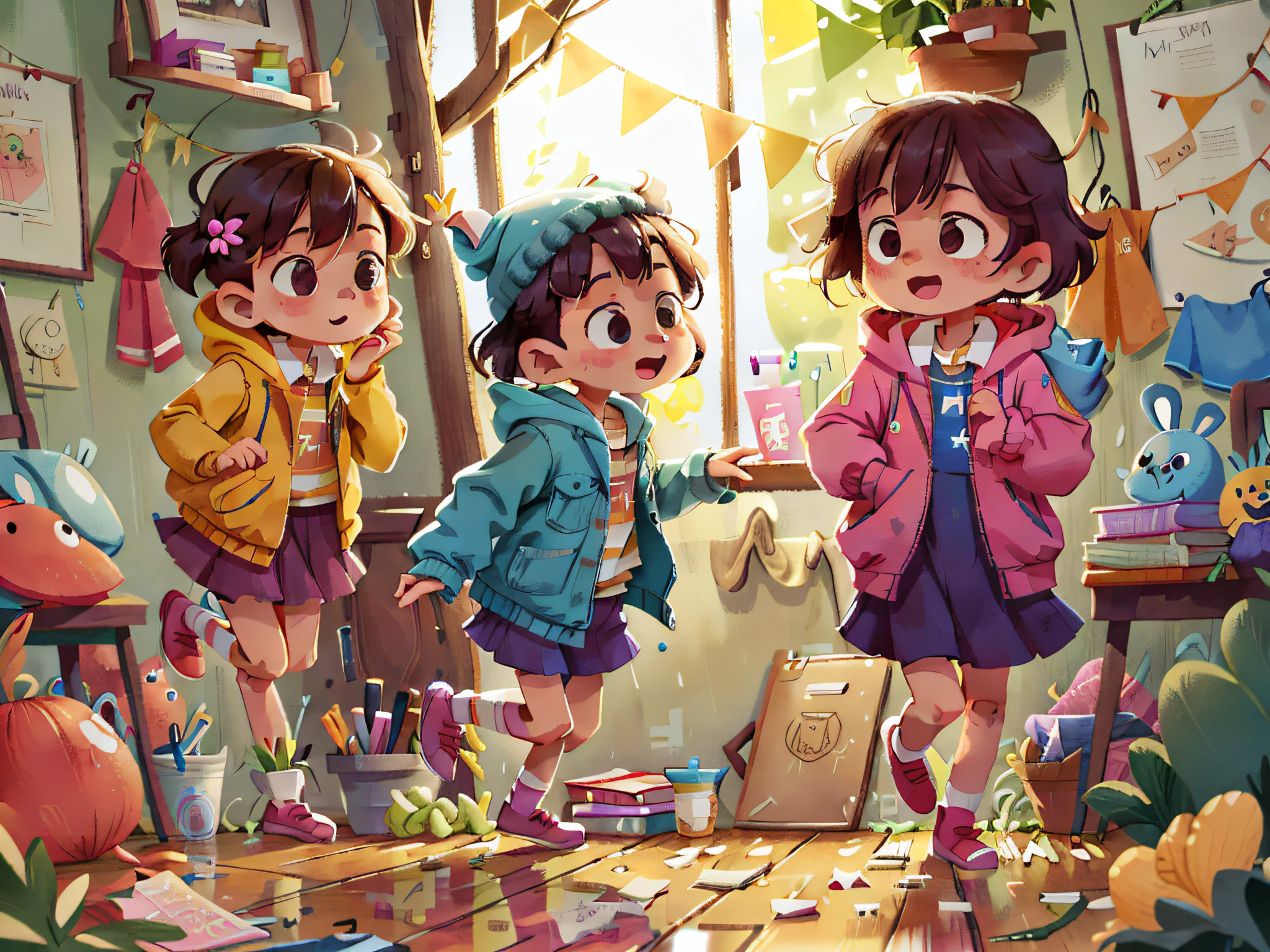 On a rainy day, the "Pillipillias" had fun jumping in the puddles, but always remembering not to dirty the house. Then, with Mom's help, they dried their feet and hung up their coats so as not to wet the furniture. The twins knew that responsibility was important, even in play.