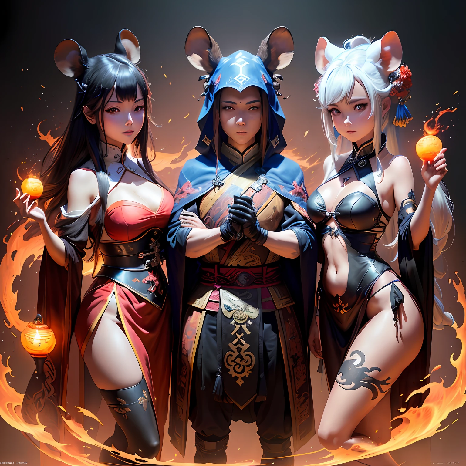 anime characters dressed in costumes and armor standing next to each other, commission for high res, sfw version, guilty gear art style, wip, commission for, danbooru and artstation, tauren, demon slayer artstyle, detailed fanart, jazza and rossdraws, full res, dnd fantsay art, lowres, monstergirl, overwatch fanart
