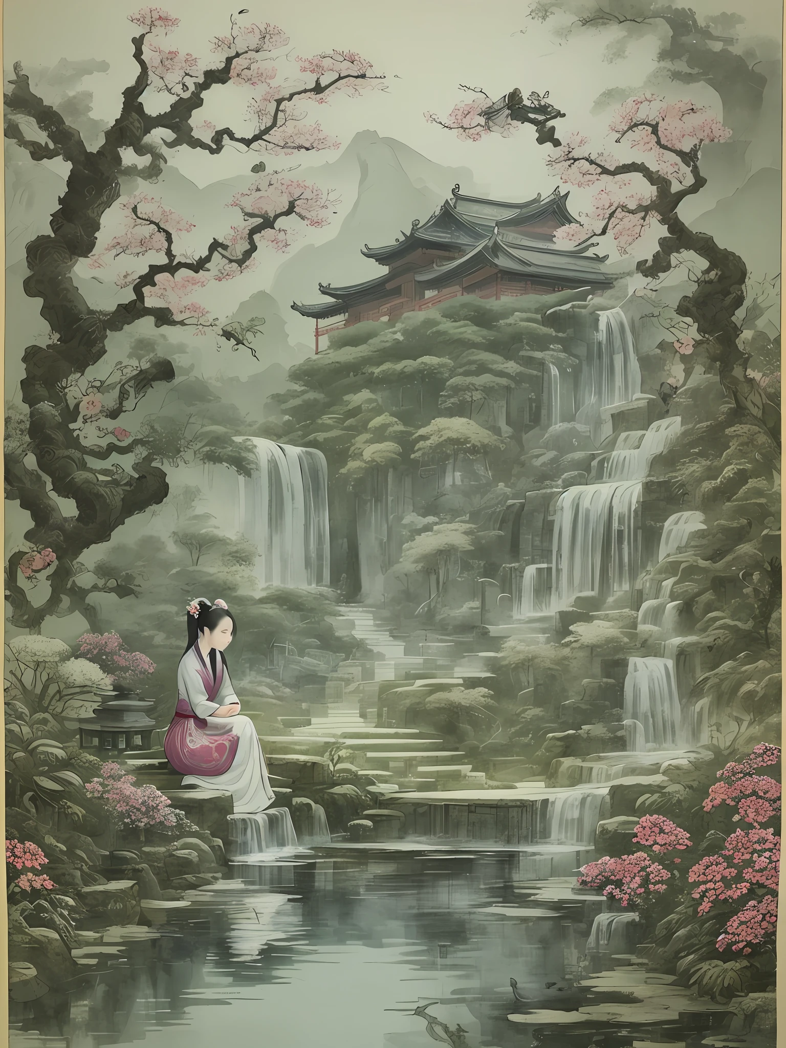 a pretty woman  portrait bathing in garden,Chinese water  ink painting, Chinese painting, detailed and intricate environment  , water pool , buildings,tree, flowers,