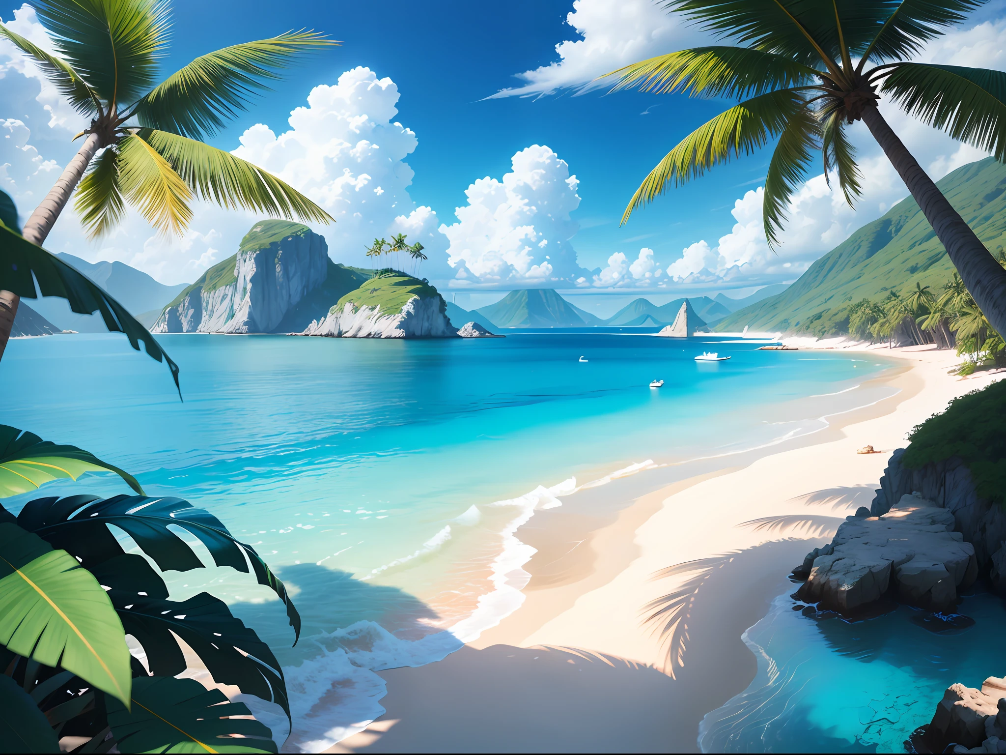 Summer, sea, island, clear water, blue gradient water, clear water, island, coconut palm, paradise, big clouds, blue sky, hot weather, HD detail, hyper-detail, cinematic, soft light, deep-focus bokeh, distant snowy mountains, ray tracing. --v 6