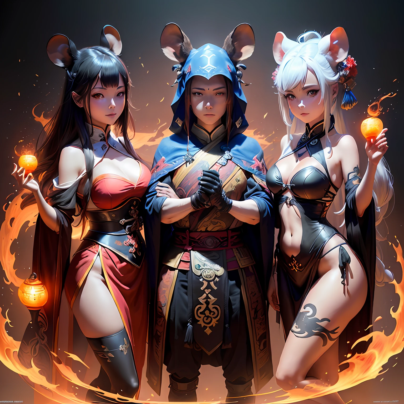anime characters dressed in costumes and armor standing next to each other, commission for high res, sfw version, guilty gear art style, wip, commission for, danbooru and artstation, tauren, demon slayer artstyle, detailed fanart, jazza and rossdraws, full res, dnd fantsay art, lowres, monstergirl, overwatch fanart