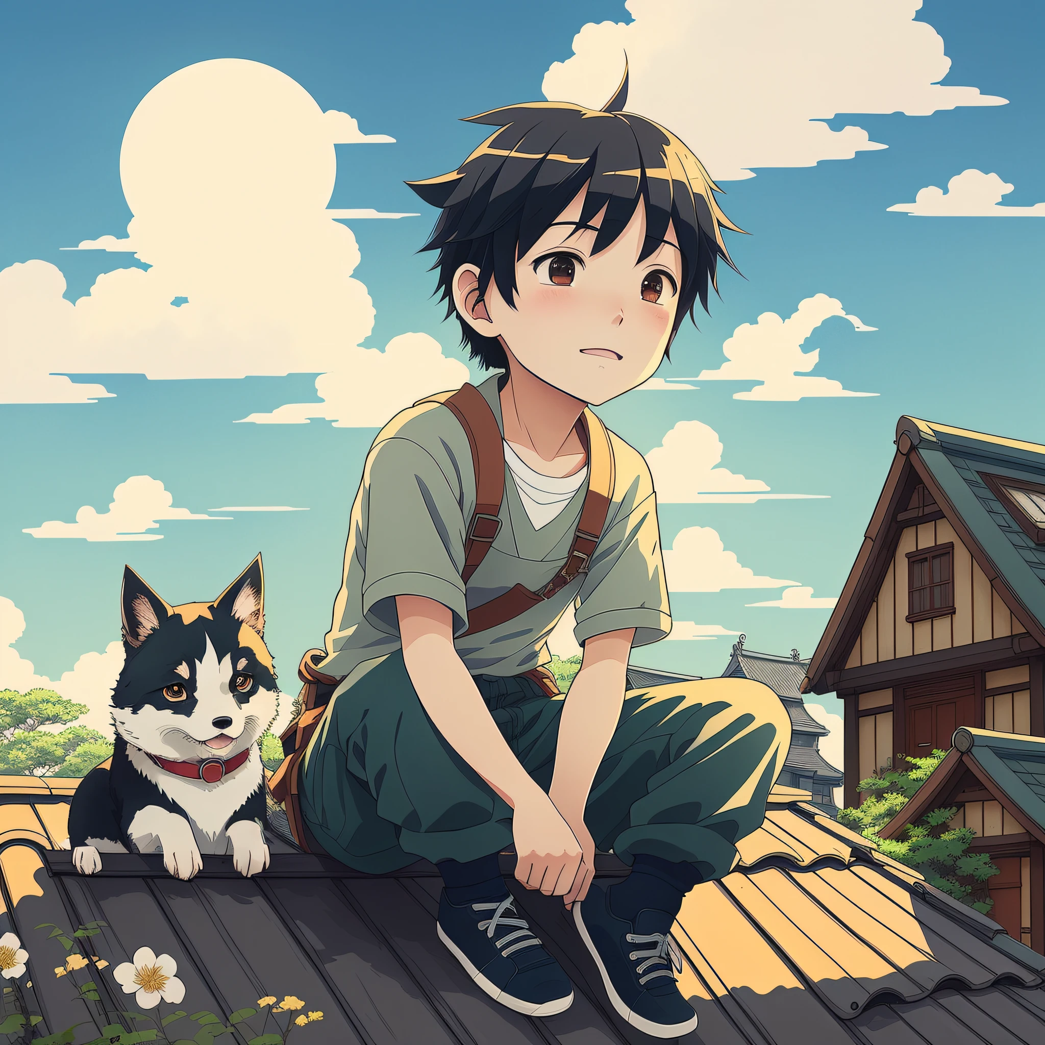 anime boy sitting on roof with dog and house in background, a digital painting by Kun Can, pixiv contest winner, shin hanga, artwork in the style of guweiz, guweiz and makoto shinkai, cute detailed artwork, lofi art, cute detailed digital art, cute art style, lofi artstyle, guweiz, lofi