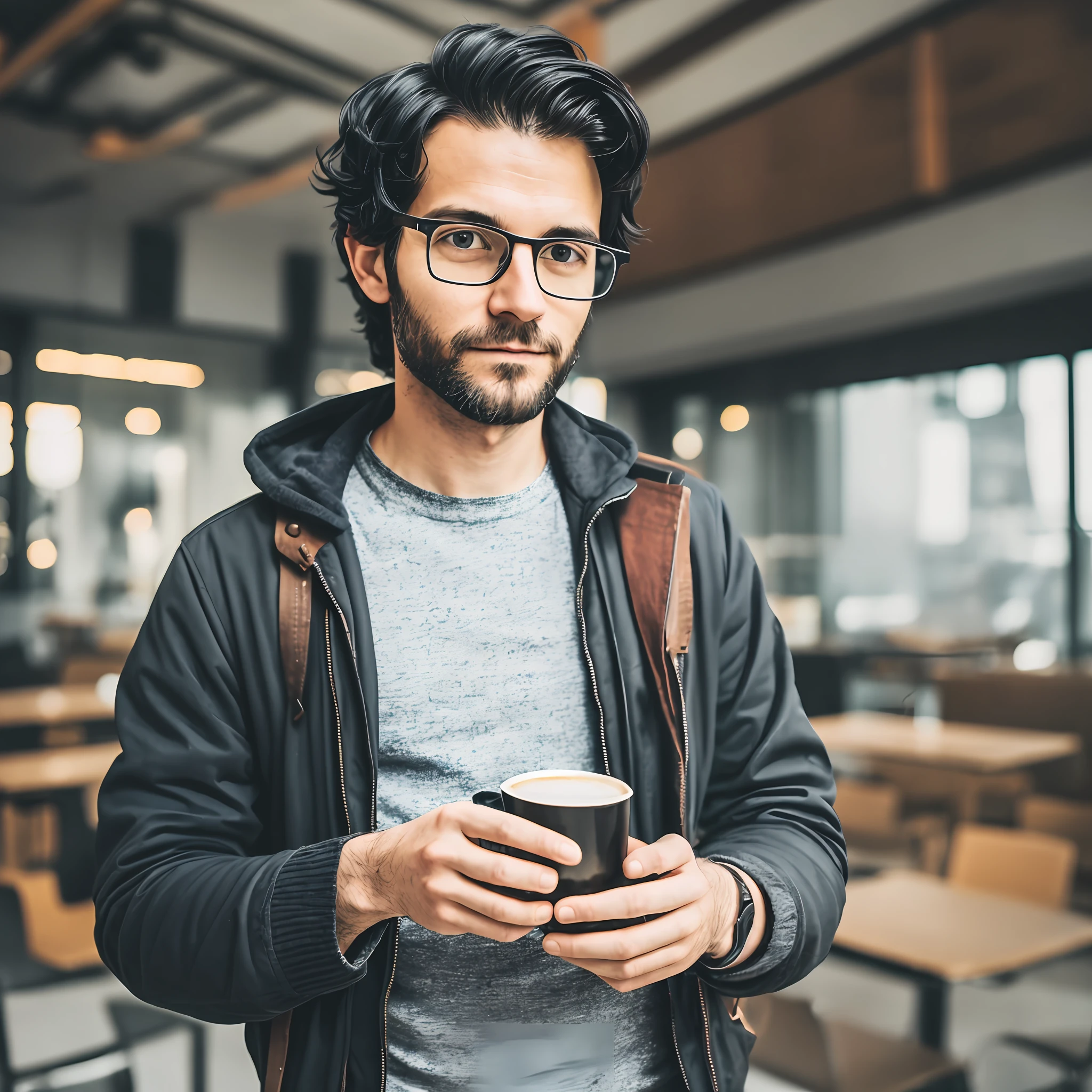 1 man, European, russia, black hair, hipster, Programmer, look at view, 30 years, happy, selfie, ((tired look)), glasses, notebook, many hands, coffee