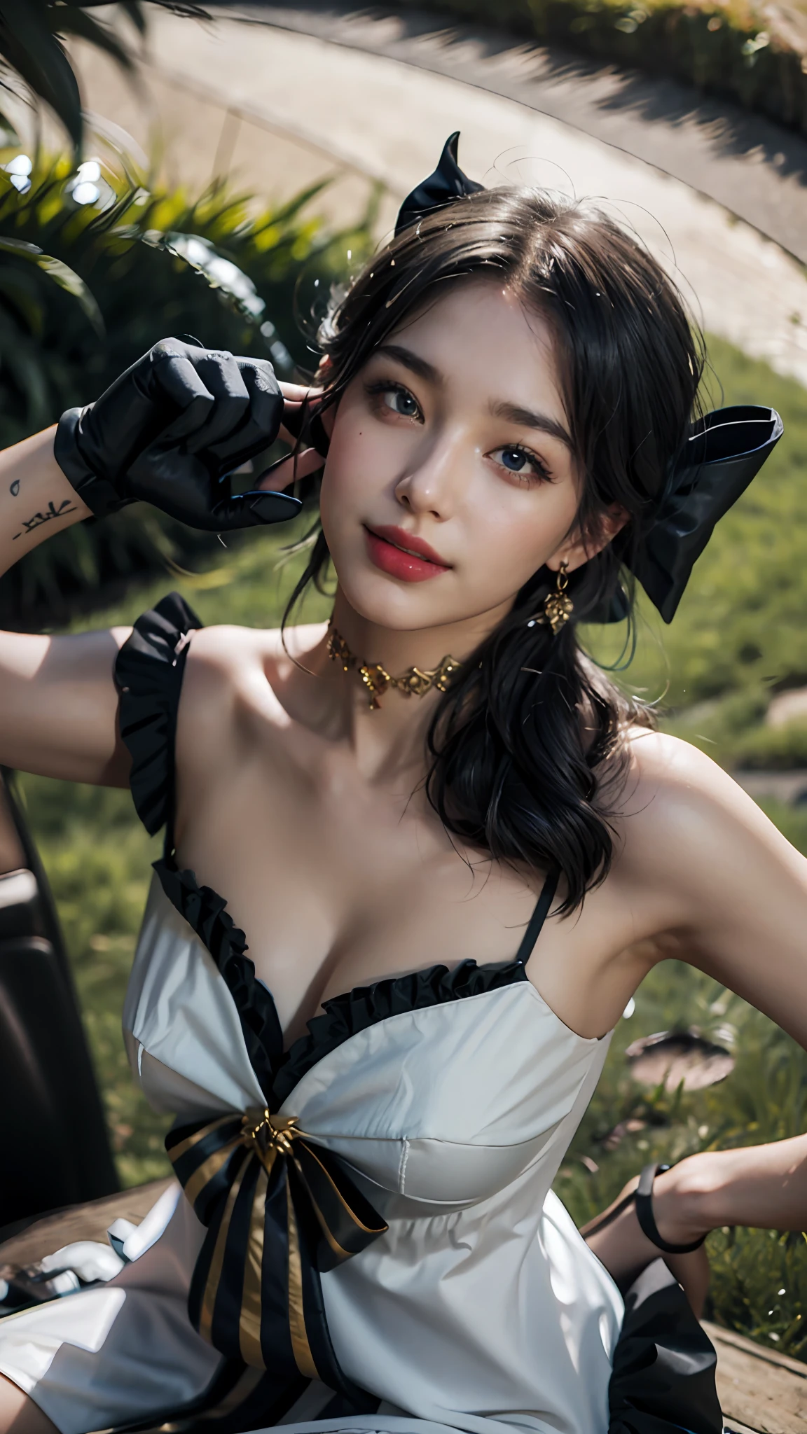best quality, masterpiece, super high resolution, (realistic:1.4), original photo, 1girl, black bow, black gloves, black stockings, blue eyes, blue hair, bow, collarbone, dress, drilled hair, frilled dress, frills, gwen\(League of Legends\), hair accessory, high resolution, long hair, parted lips, nudity, pink pupils, outdoors, smile, (sitting on the grass), hands, turn to look at the camera, (with a book on his head), pout, close one eye, (hands on top of head: 1.5), smile, (white teeth exposed: 1.4) (eye patch: 1.2)