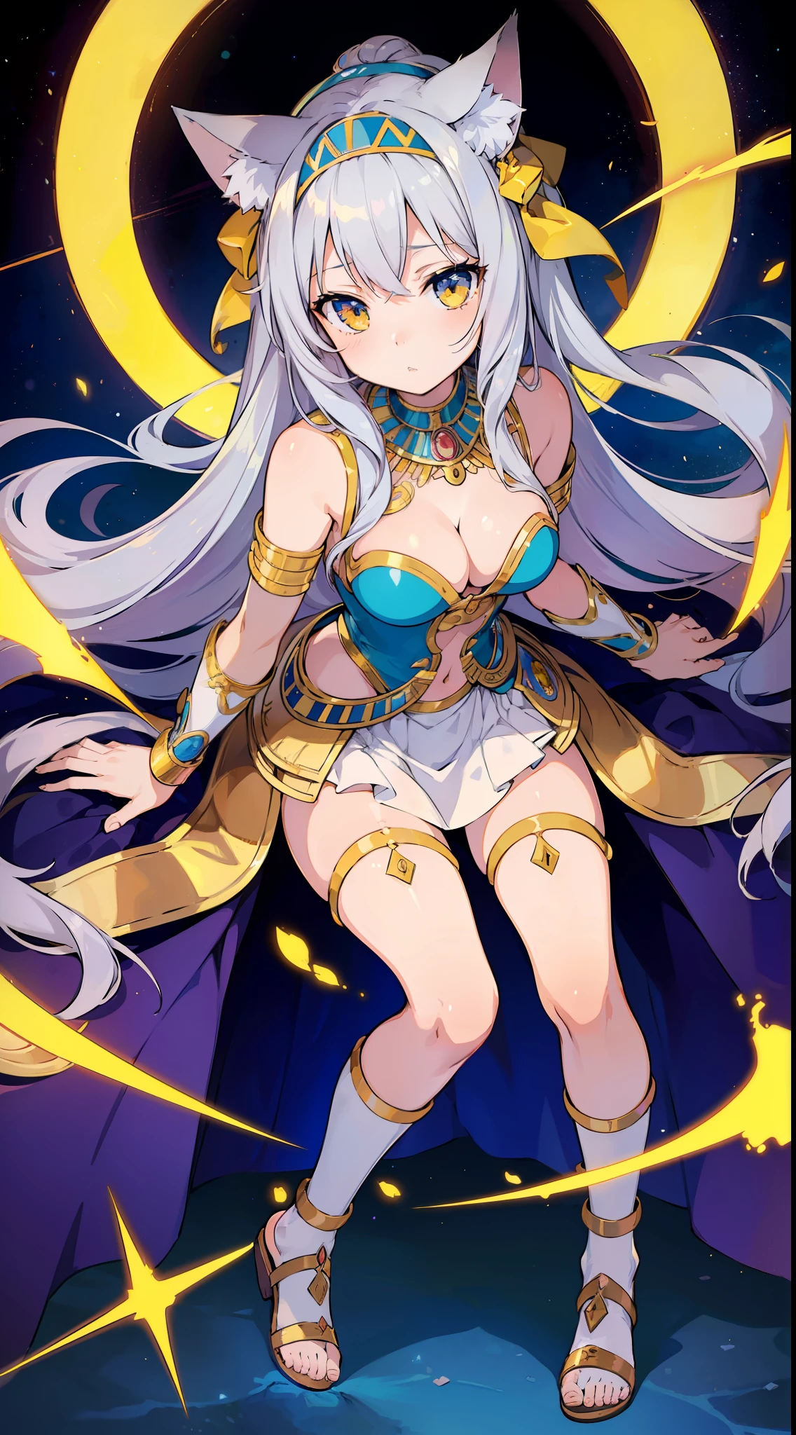 (Masterpiece), (Top Quality Anime Illustrations), (Super Definition), One Girl, Solo, Silver-haired Beautiful Girl, Anime Loli, Cat Ear Loli, Cleavage Emphasis, Thigh Emphasis, Bastet God Costume, Egyptian Mythology, Tarot Card Style