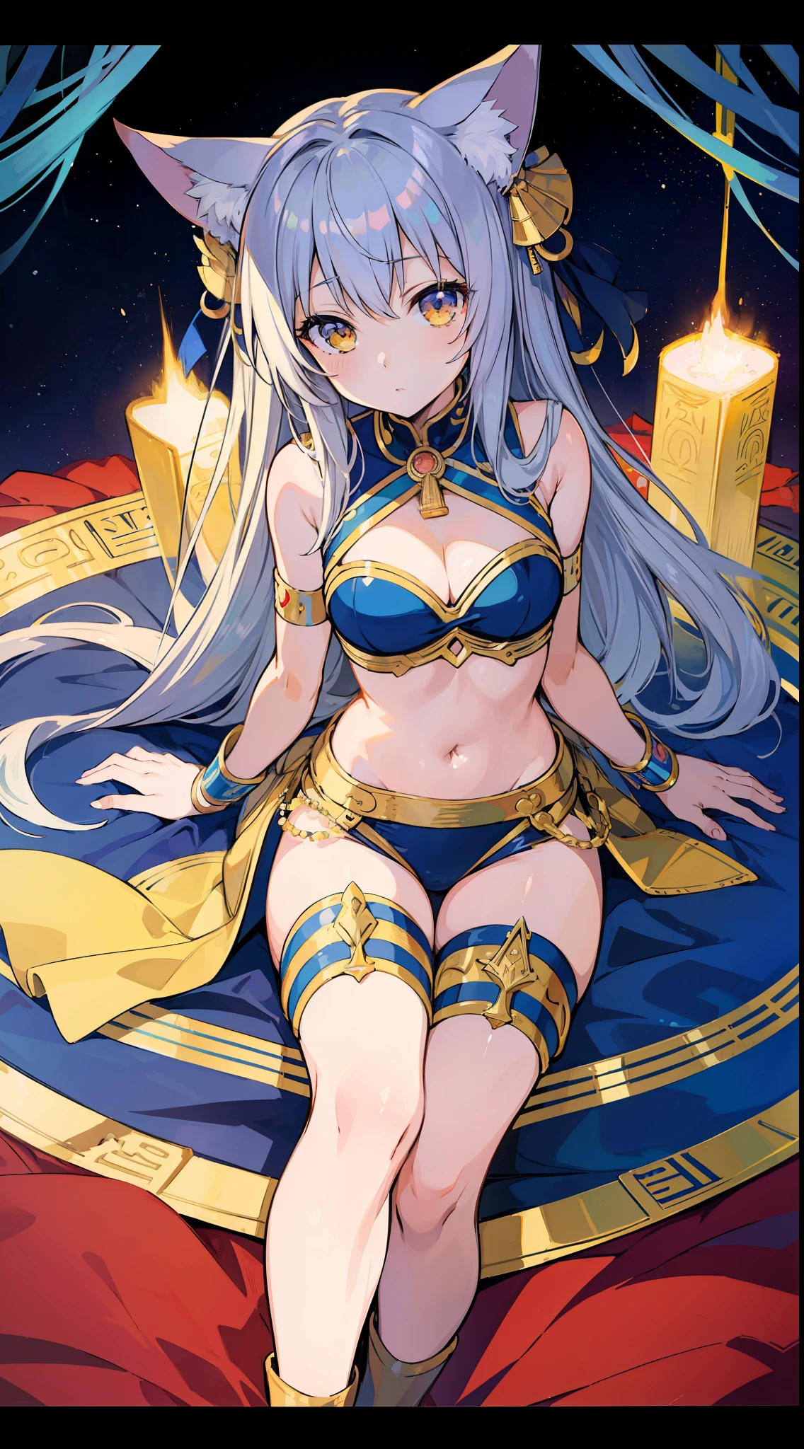 (Masterpiece), (Top Quality Anime Illustrations), (Super Definition), One Girl, Solo, Silver-haired Beautiful Girl, Anime , Cat Ear Lolieavage Emphasis, Thigh Emphasis, Bastet God Costume, Egyptian Mythology, Tarot Card Style