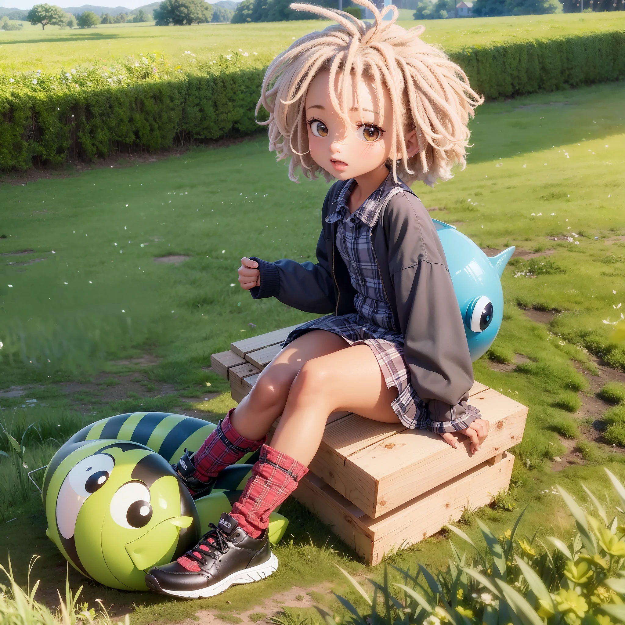 3D chibi a funny cartoon character, sitting on a bench in a field, black girl, ((big fish eyes)), kind eyes, plaid dress, movie art, clean photo, ghailan!, like a pixar character, beautiful child, kanekalon afro hair, (((full body))), grace and blessing, rendered in unreal, ((afro-african)), movie promo image, rendered upscale image -   --ar 2:3 --auto --s2