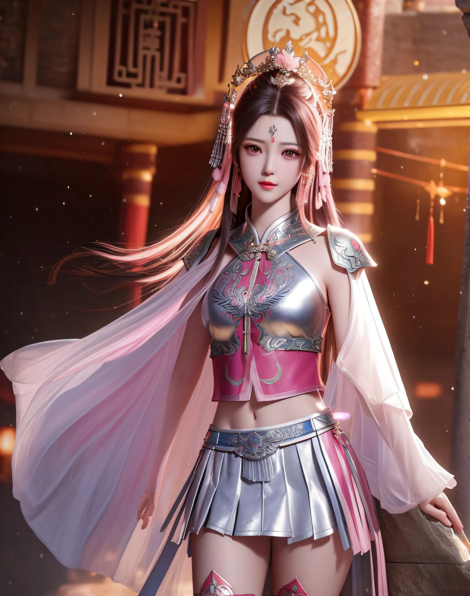 best quality, masterpiece, high resolution, 1girl, ancient chinese battlefield background, metal armor, cape, metal collar, ancient metal spear, hair ornament, necklace, jewelry, beautiful face, upon_body, tyndall effect, realistic, dark studio, edge lighting, duotone lighting, (high detail skin:1.2), 8k ultra hd, dslr camera, soft lighting, high quality, volumetric lighting, frank, photos, high resolution, 4k, 8k, bokeh, pink bikini armor, Ancient silver spear, chest embroidered phoenix, metal cuirass, tight, bare arms, weapons, short bracers, stockings, weapons