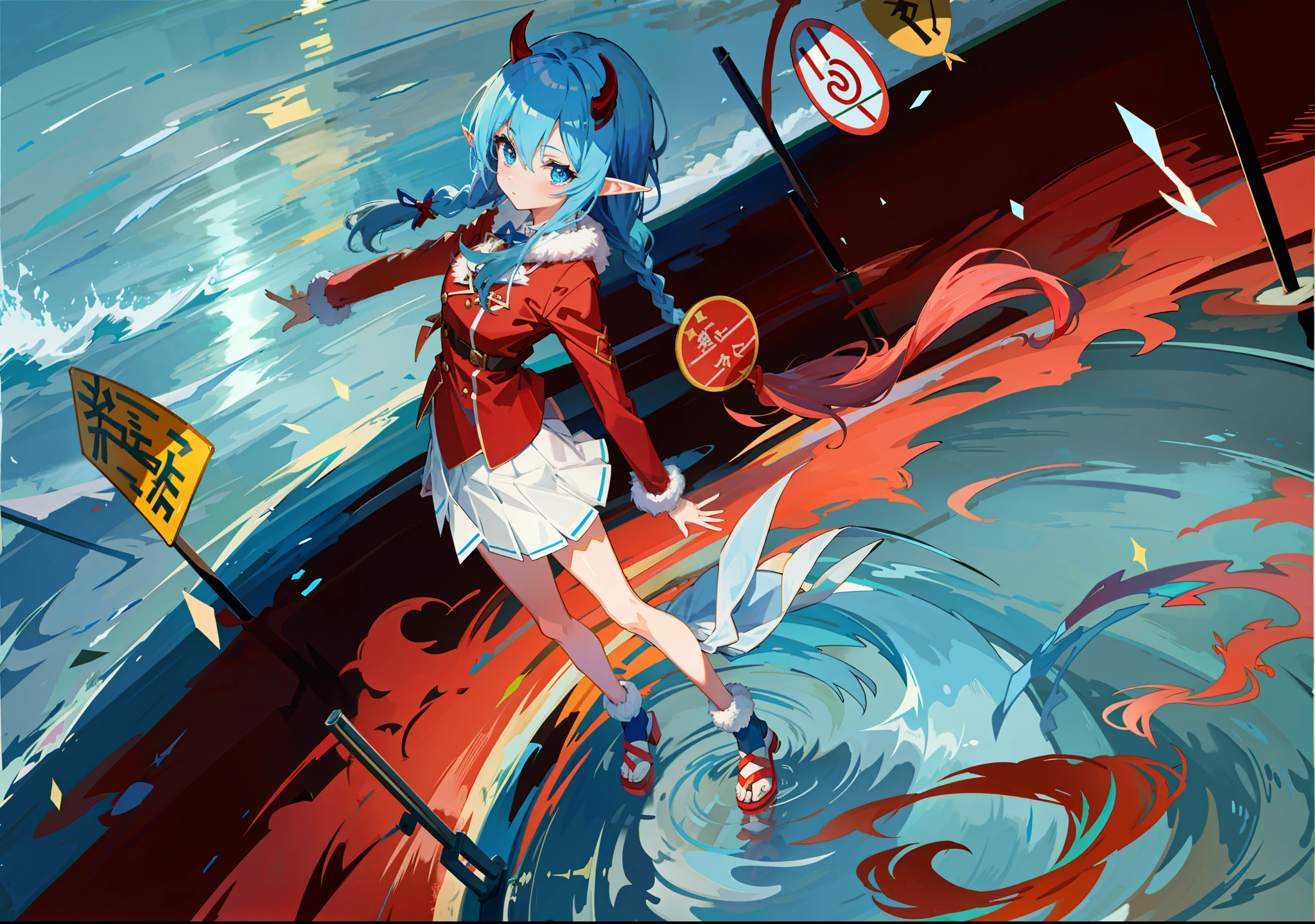 Anime girl walking on water with double horns of devil, blue eyes, elf ears, twisted braids, red fur coat, white skirt, reflection on the water, traffic sign, beautiful sky, ripples on the surface of the water, soul, light of the sky, shine