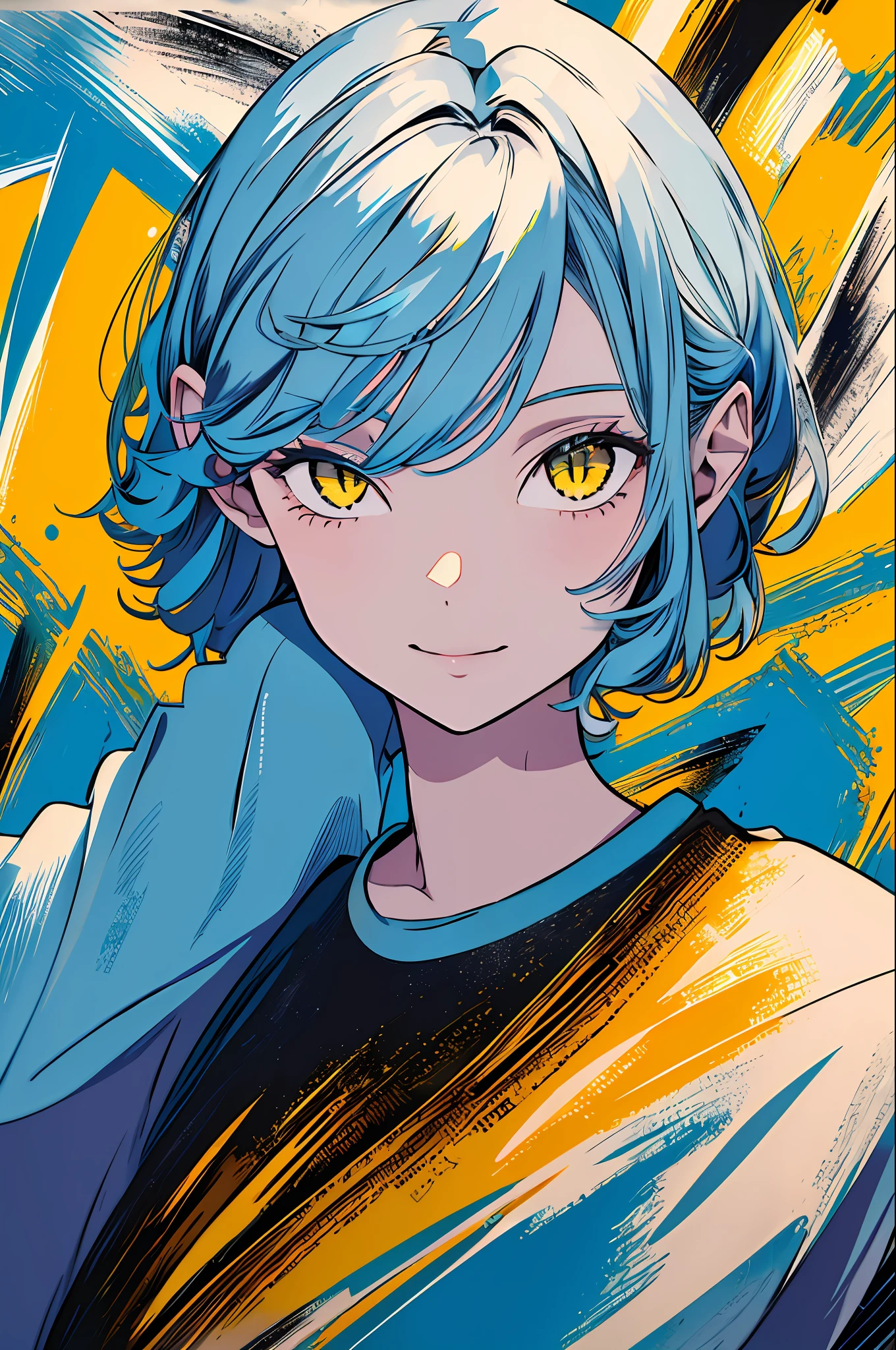 (masterpiece, highest quality, highest quality, official art, beautiful and aesthetic: 1.2),
Cateyes,1girl, Solo, Long Hair, Light Blue Mini Shirt, Smile, Yellow Eyes, Look Viewer, Blue Hair, Gray Background, Off Shoulder, Upper Body,
Extreme detail, highest detail, optical mixing, playful patterns, lively texture, unique visual effects,