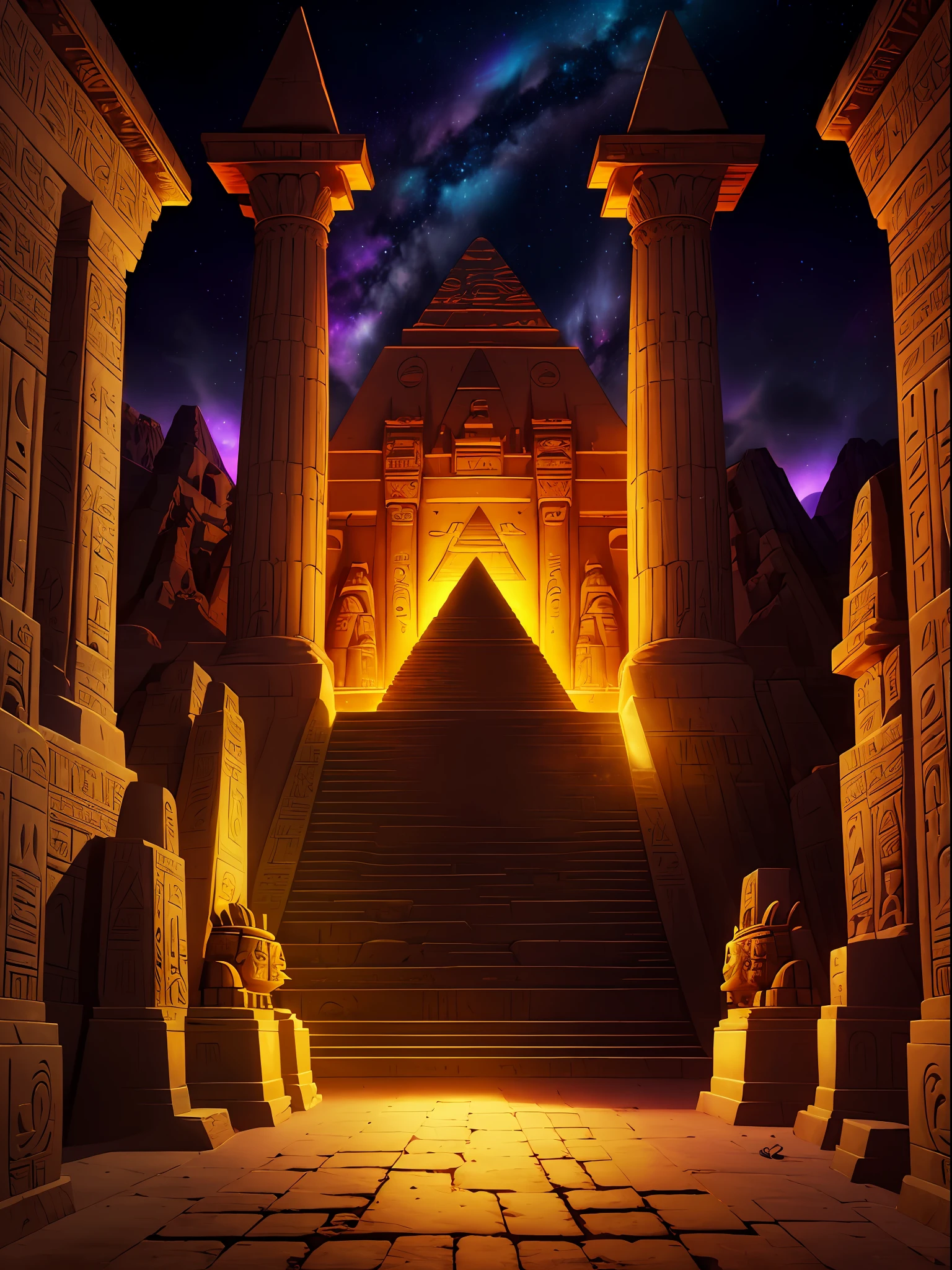 extremely detailed CG unity 8k wallpaper, masterpiece, best quality, ultra-detailed, floating, high saturation, mysterious atmosphere, ancient pyramid, night sky, stars, glowing hieroglyphics, golden scarab beetle, hidden knowledge, secret room, deep shadows, torchlight, ominous vibe.