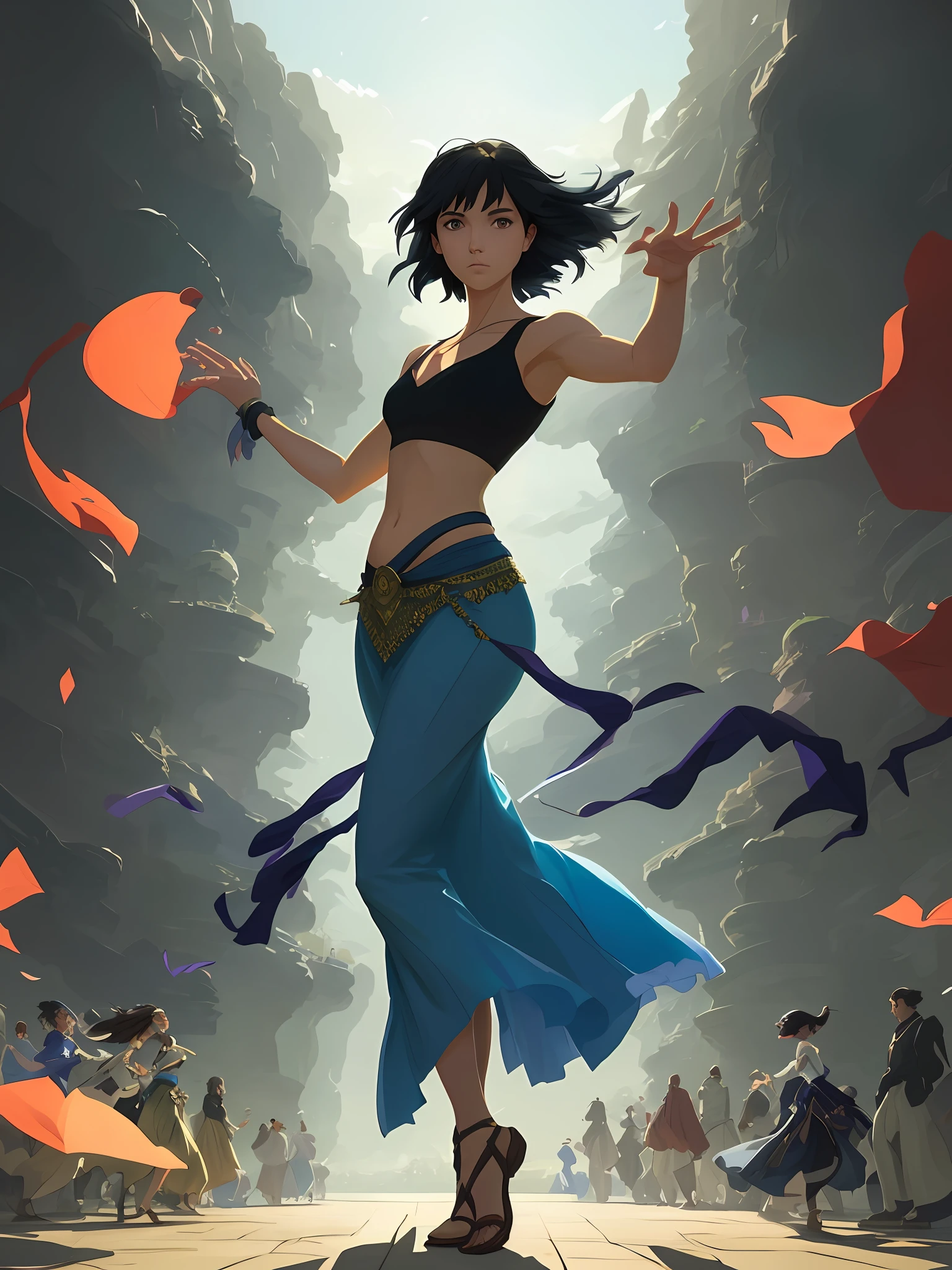 full panoramic Ultra realistic view panoramic view of the scene when Giselle dances in front of a large group of spectators, full body portrait,( beautifull ),belly dancer Gisella in blue arabian belly dancer's ( (mini skirt )), she has curly black hair, very beautiful great body,intricate, elegant, highly detailed, digital painting, artstation, concept art, smooth, sharp focus, illustration, art by artgerm and greg rutkowski and alphonse mucha, portrait, minimalism, bold colors, sharply detailed, highly stylized anime illustration, hyper - detailed illustrations, modern, vibrant colors, ultra detailed, acrylic painting, trending on fanbox pixiv, palette knife and brushstrokes, makoto shinkai style jamie wit james gillyard edward hopper gregg rutkowski studio ghibli genshin influence, low poly, isometric art, 3d art, high detail, artstation, concept art, behance, ray tracing, smooth, sharp focus, ethereal lighting, arabian palace in the backgrown, the princes is dancing .