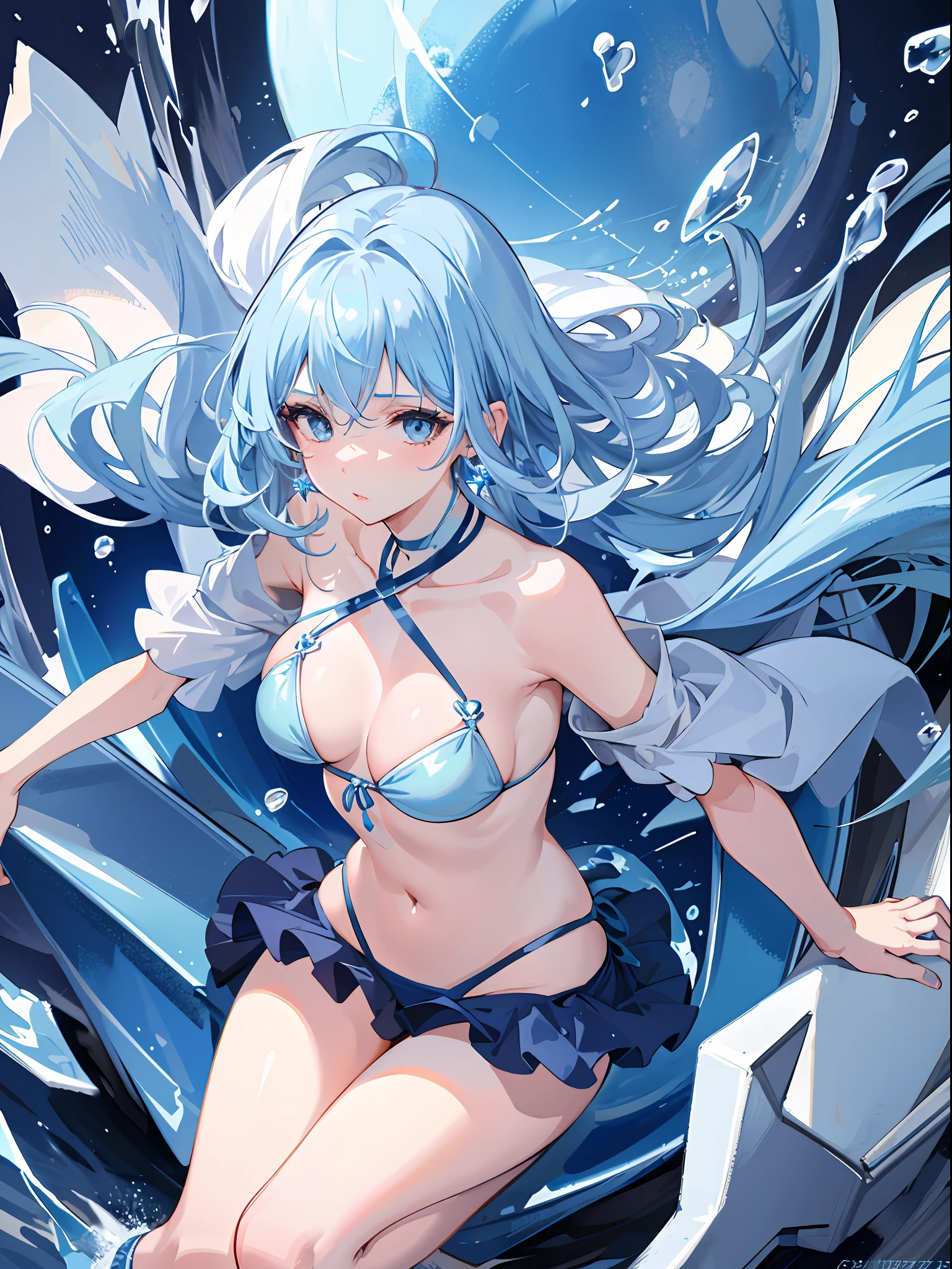 Ice Spirit, Solo, Girl, Sex, Ultramarine Color, Light Blue Hair, Disheveled Hair, Short Hair, Light Blue Eyes, Blue Nails, Lips Also Blue, Earrings, Ultra Mini Bikini, Water World, Icy Cold Expression, World's Most Beautiful Girl, Sex (Super Detail), Floating, Water Balls,