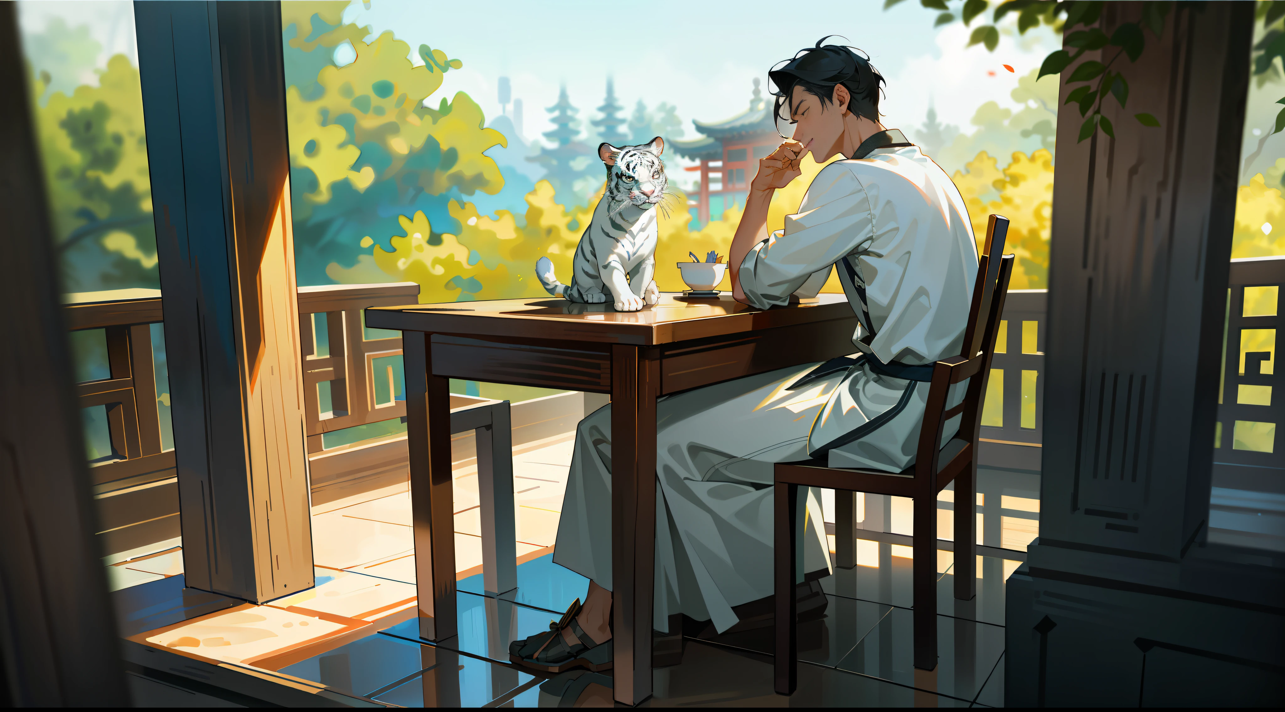 In the ancient Chinese courtyard, the man sat at the table of the eight immortals, watching a white tiger with an open basin of blood and shaking his head, (Facial Detail Optimization: 1.5) (Masterpiece), (Advanced: 1.5), Top CG, Highest Quality, Right Proportions, Perfect Composition, High Quality Detail, Perfect Detail, (Super Detailed CG: 1.2), (8K: 1.2), Realistic, Octane Rendering,