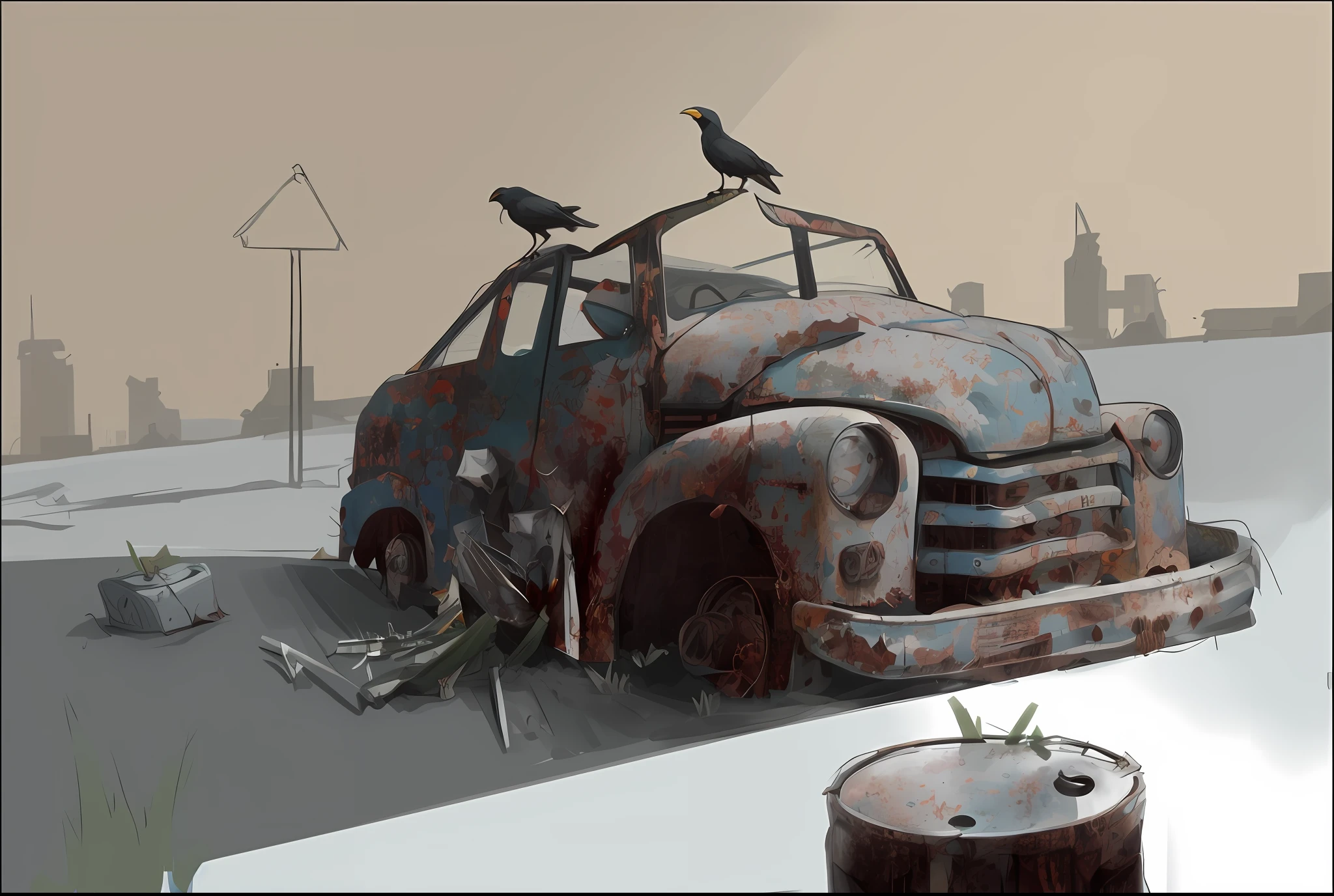 There are two crows standing on top of a rusty car, Starlenhaag style, desolate. Digital illustration, post-apocalyptic scene, twilight dump, stalenhag, illustration concept art, post-garbage concept art, junkyard, concept art for video games, concept art, concept art, concept art", concept art", concept art, movie concept art, discarded oil drum, broken corpse leaning against car, weeds