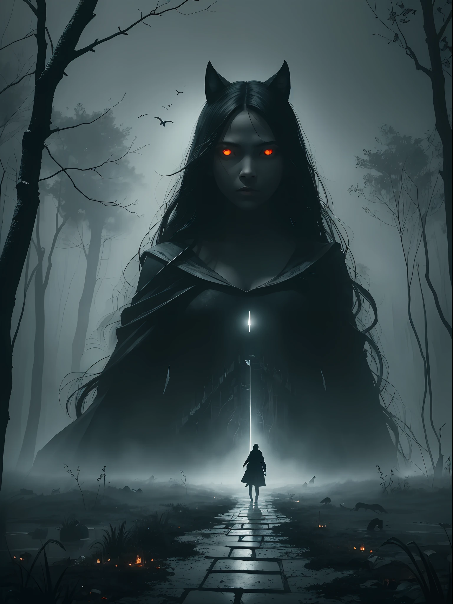 At night on the black earth
There, light cuts in the wind
Crows shouting, dogs howling 
Follow it quickly... 
Approach the gloomy swamp
Nothing moves anymore.
The will leads you to death 
Hear dead souls
They call your name
You will be buried in the ankle fog of the night
The secrets of the subconscious are hidden in time and space
No return to regret descending through a shallow mist --auto --s2