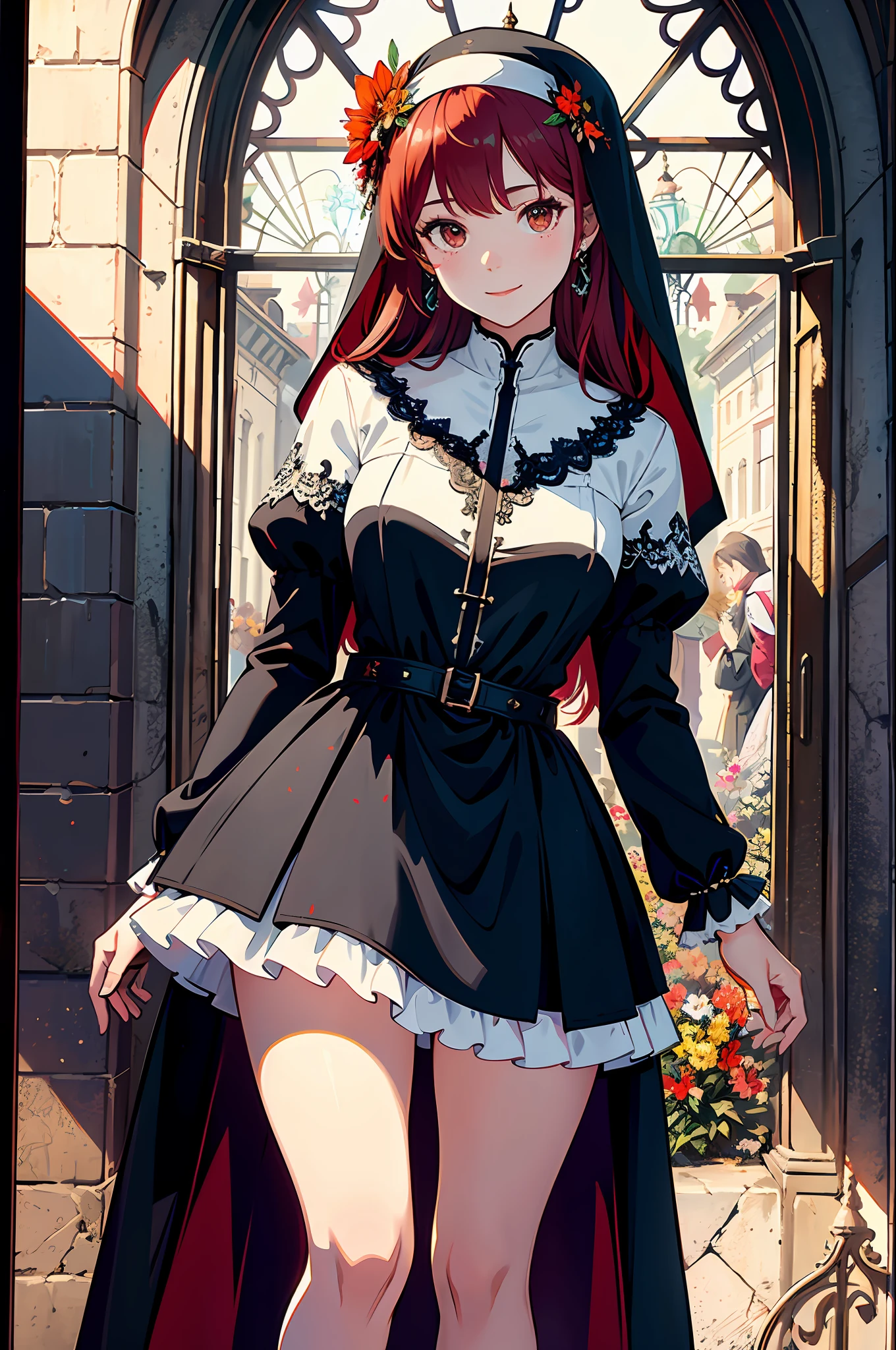 Nun, flowers, veil, church, cross, red hair, butterflies, complex pose, detailed art, brown eyes, flower earrings, smile, knee-deep, ultra-detailed, 150mm analog lens, beautiful natural soft edge light, fine lace foliage, colorful details, complex details, hyper-realistic, ultra-detailed, octane rendering, volumetric lighting, 8k post-production, iridescent colors, foreshortening,