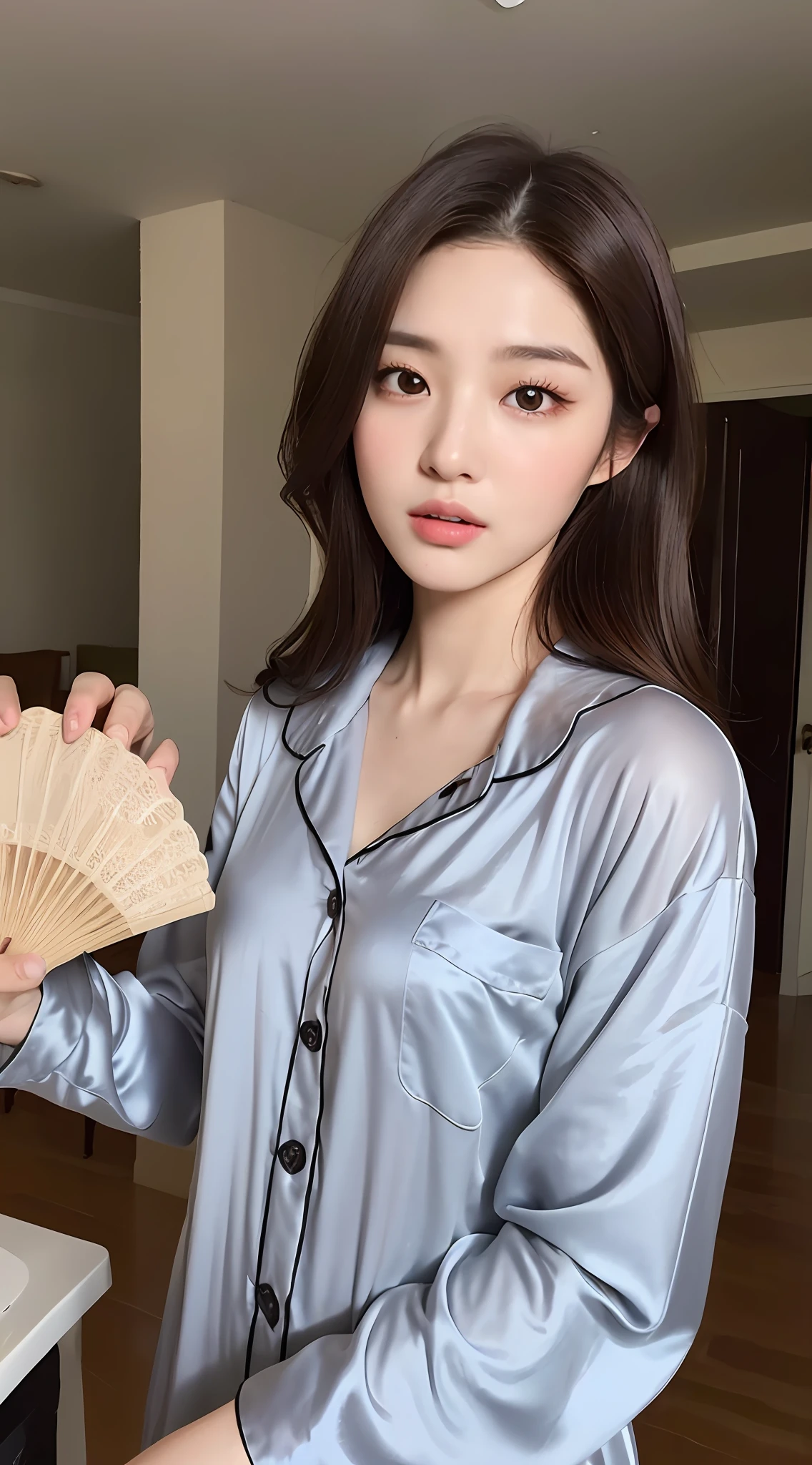 ((Realistic lighting, Best Quality, 8K, Masterpiece: 1.3)), Clear focus: 1.2, 1girl, Perfect Figure: 1.4, Slim Abs: 1.1, ((Dark brown hair)), (Fan pajamas: 1.4), (Indoor, night: 1.1), Ultra fine face, fine eyes, double eyelids,