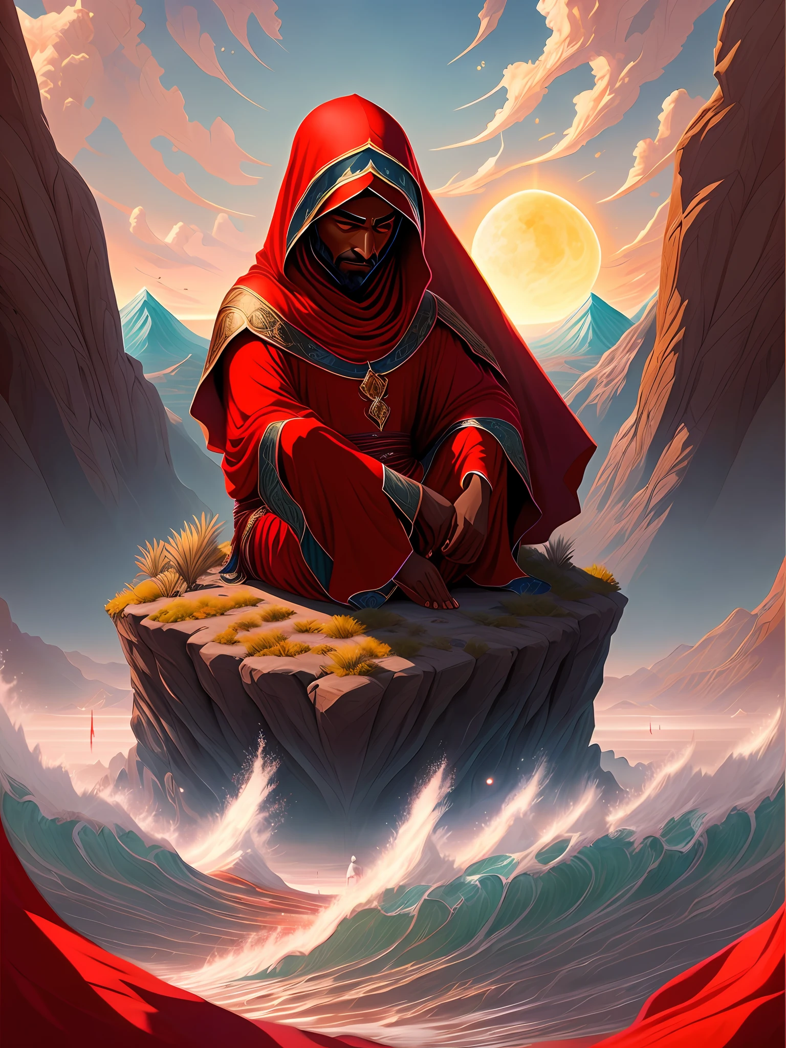 ((Best quality)), Top Detail,High Definition Image, Sea mountain view,Sitting a man contemplating the mountain, Sun not moon, five jinn wearing a red abaya and covering the head with a cover, the five jinn around the man. --auto --s2