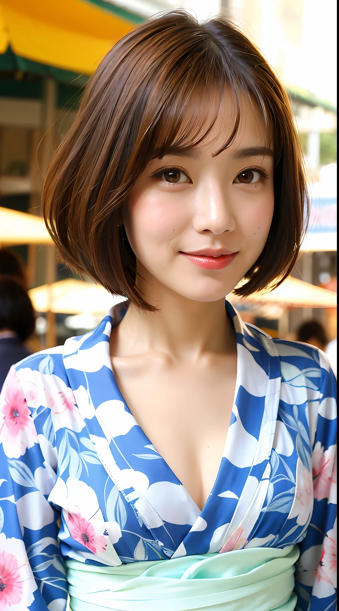 ((Top Quality, 8k, Masterpiece: 1.3)), Photoreality (1.4)), Raw Photo, Single Woman, Light Brown Hair, Bob Cut, Super Delicate Face Japan, Delicate Eyes, Double Eyelids, Light Smile, (Japanese Yukata: 1.2), (Big: 2), (Standing: 1.5), Street Stalls, (Chest Focus: 1.2), (Perspective: Chest)