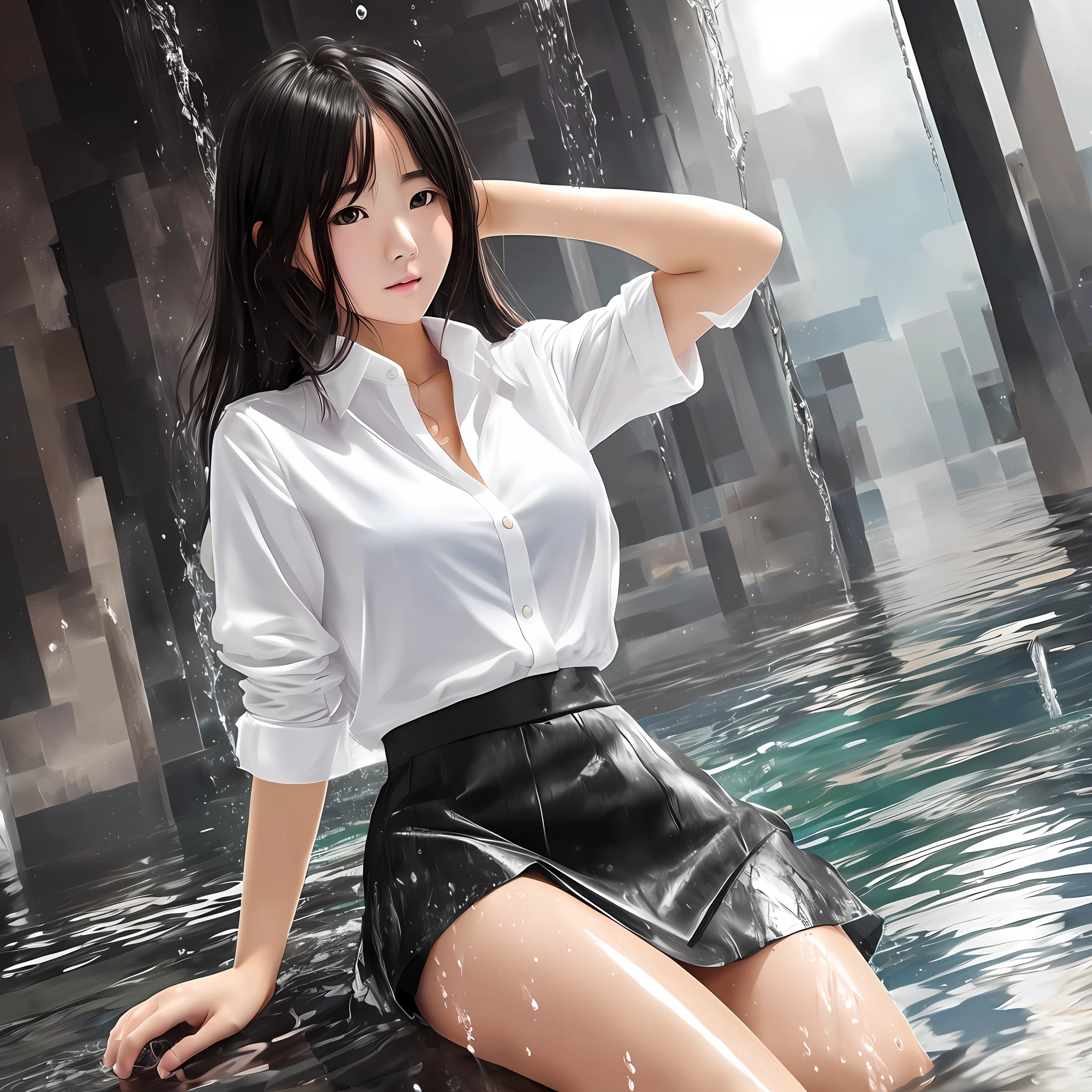 A girl in a short black skirt and a white shirt, her clothes are a little wet with water, a breathtaking rendering --auto --s2