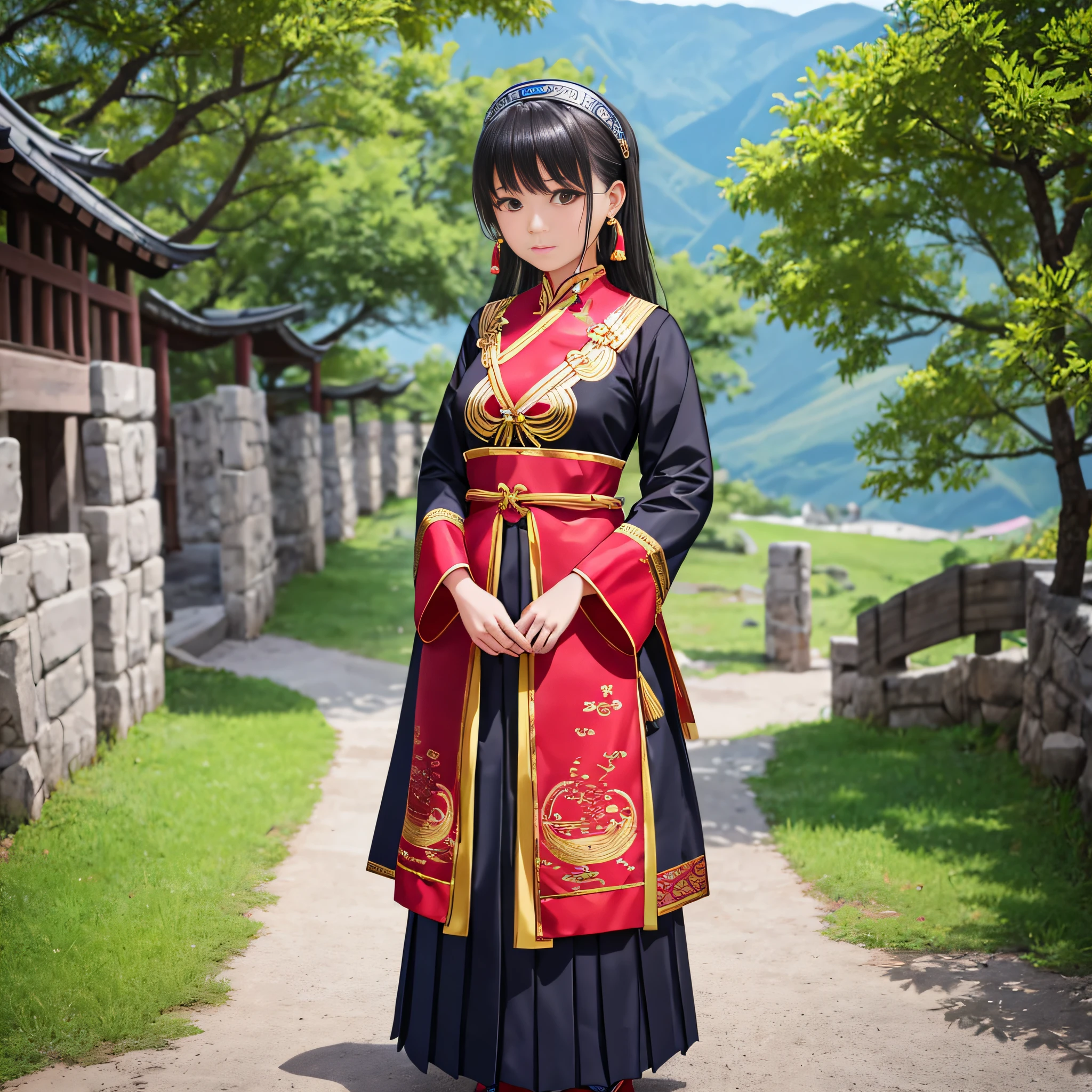 Yi girl, traditional Chinese costume, ethnic minority, 23 years old, Yunnan girl, China, monochrome background, trim garment, pleated skirt, silver row band, headkerchief, round earrings, collar, ethnic embroidery, super detail, super clear, 4K, full body portrait, heads-up, full body, warm color --auto --s2