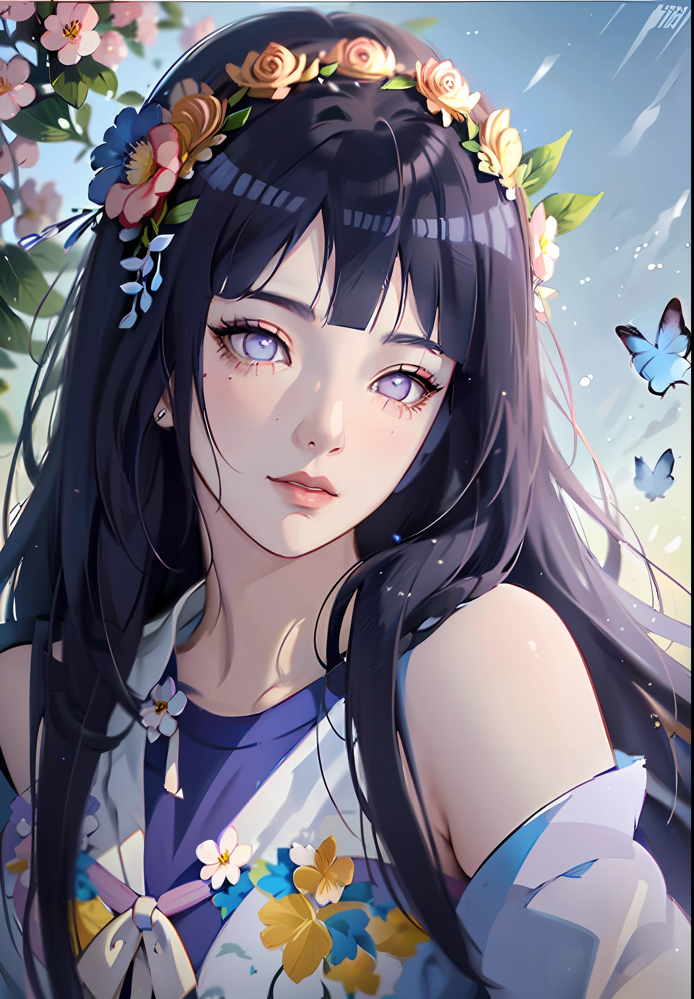 anime girl with dark blue hair wearing a blue dress, artwork in the style of guweiz, beautiful anime portrait, guweiz, beautiful anime girl, beautiful anime style, anime girl with dark blue hair, anime style. 8k, in the art style of bowater, beautiful digital illustration, beautiful character painting, stunning anime face portrait, ((blunt bangs)), purple eyes, (((flowers crown))),  surrounded by blue butterflies,  (((dynamic angle)))