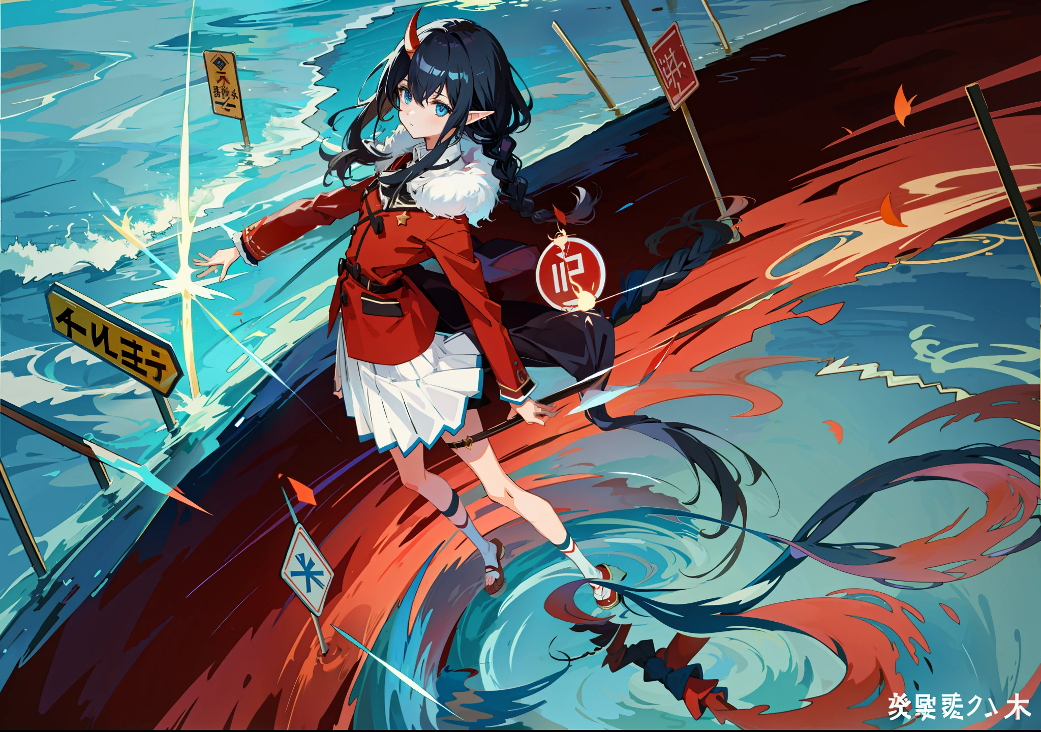 Anime girl walking on water with double horns of devil, blue eyes, black hair, elf ears, twisted braid, red fur coat, white skirt, reflection on the water, traffic sign, beautiful sky, ripples on the surface of the water, soul, light of the sky, shine