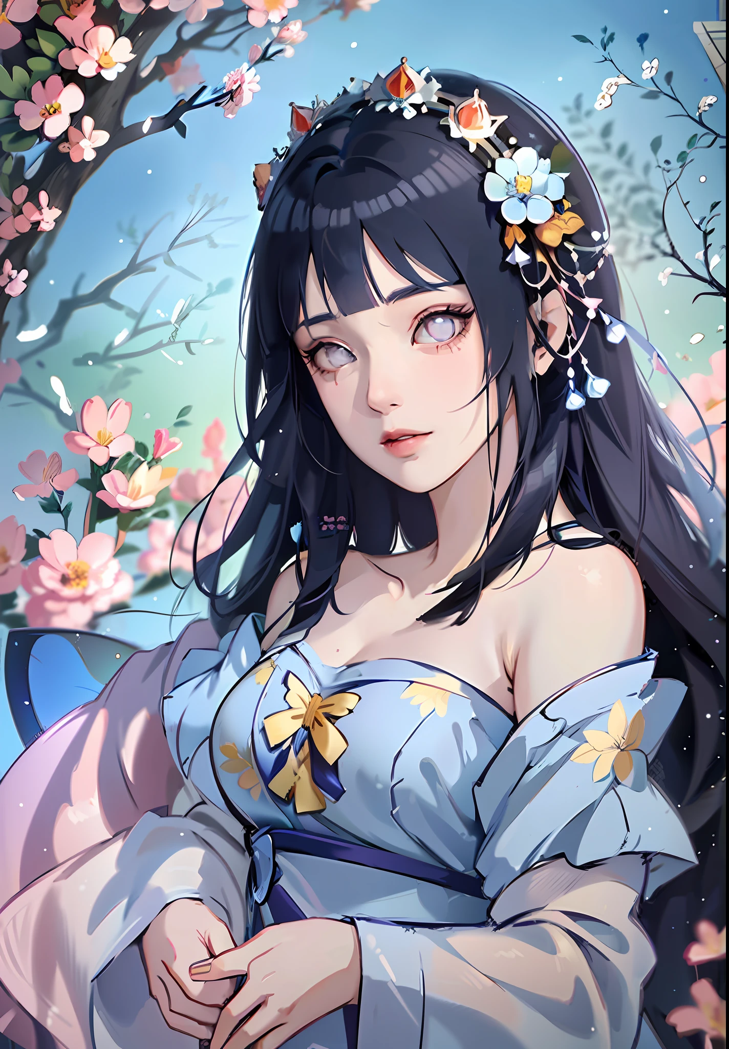 anime girl with dark blue hair wearing a blue dress, artwork in the style of guweiz, beautiful anime portrait, guweiz, beautiful anime girl, beautiful anime style, anime girl with dark blue hair, anime style. 8k, in the art style of bowater, beautiful digital illustration, beautiful character painting, stunning anime face portrait, ((blunt bangs)), purple eyes, (((flowers crown))),  surrounded by blue butterflies,  (((dynamic angle)))