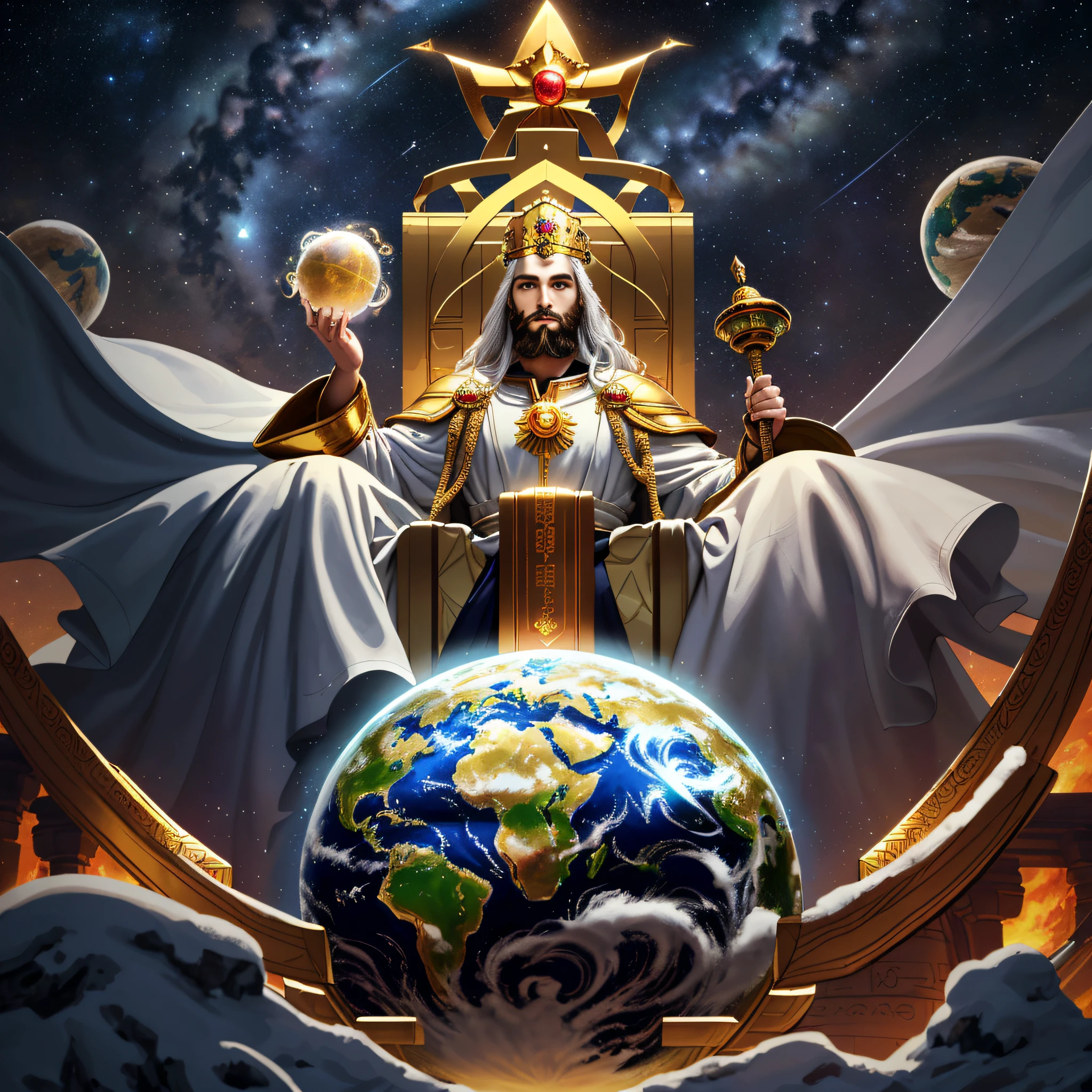 general plan, panoramic, cosmos, oil painting, surrealism, projected shadow, ((perfect beautiful beautiful face: 1.5)), an impressive landscape of 30-year-old male Jesus, solo, on the throne in the heavens over the clouds with great power ((carrying the planet earth with one hand)), the background should have rays and clouds in a night sky, face equal to the midday sun, crown on head, snow-white hair and beard, dressed in a golden tunic and breastplate, eyes resembling flames of fire, feet like refined bronze in the furnace, serene smile (highly detailed face: 1.5) (highly detailed skin: 1.2) (celestial throne:1.4), 8k uhd, dslr, soft lighting, high quality, film grain, Fujifilm XT3