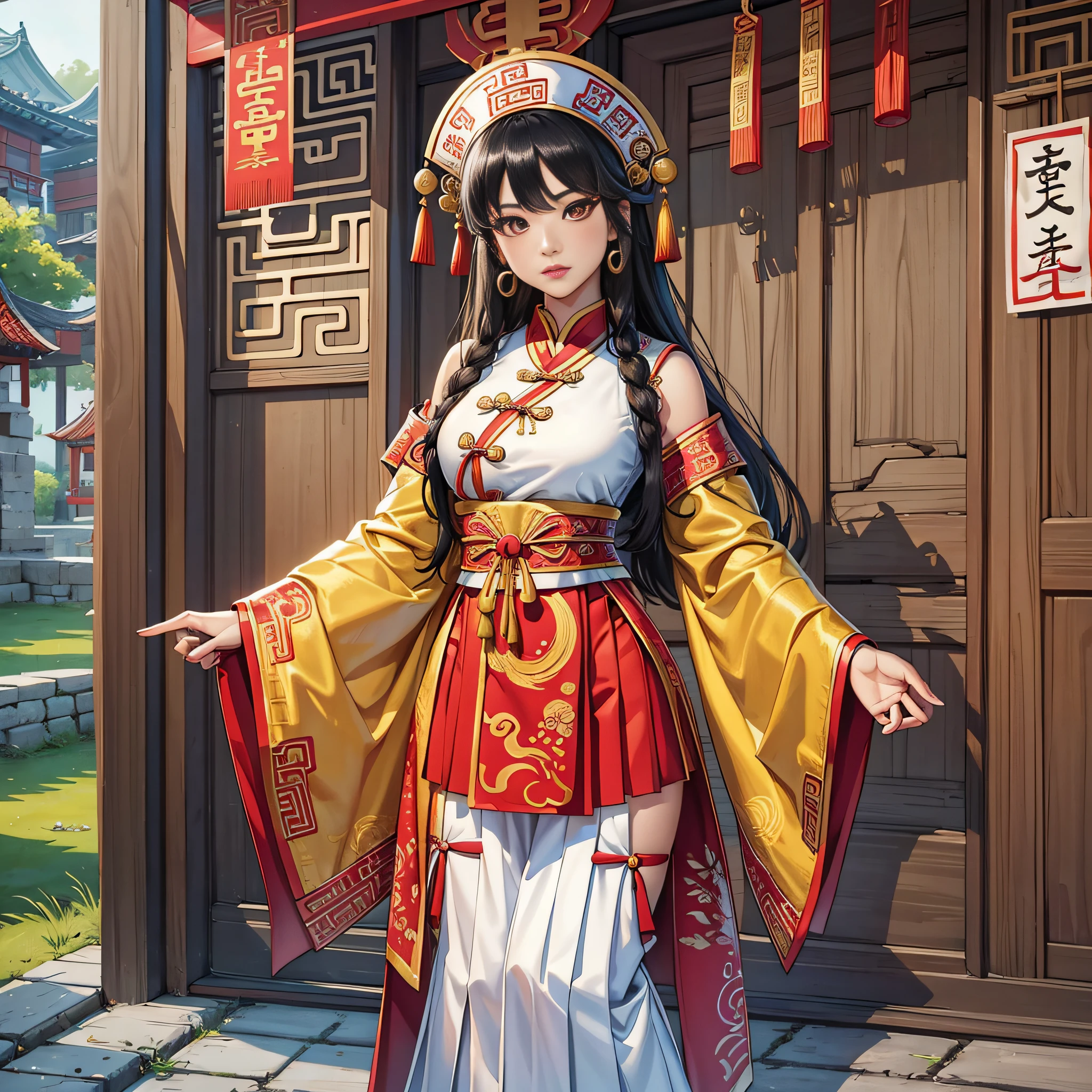 Yi girl, traditional Chinese costume, ethnic minority, 23 years old, Yunnan girl, China, monochrome background, trim garment, pleated skirt, silver row band, headkerchief, round earrings, collar, ethnic embroidery, super detail, super clear, 4K, full body portrait, heads-up, full body, warm color --auto --s2