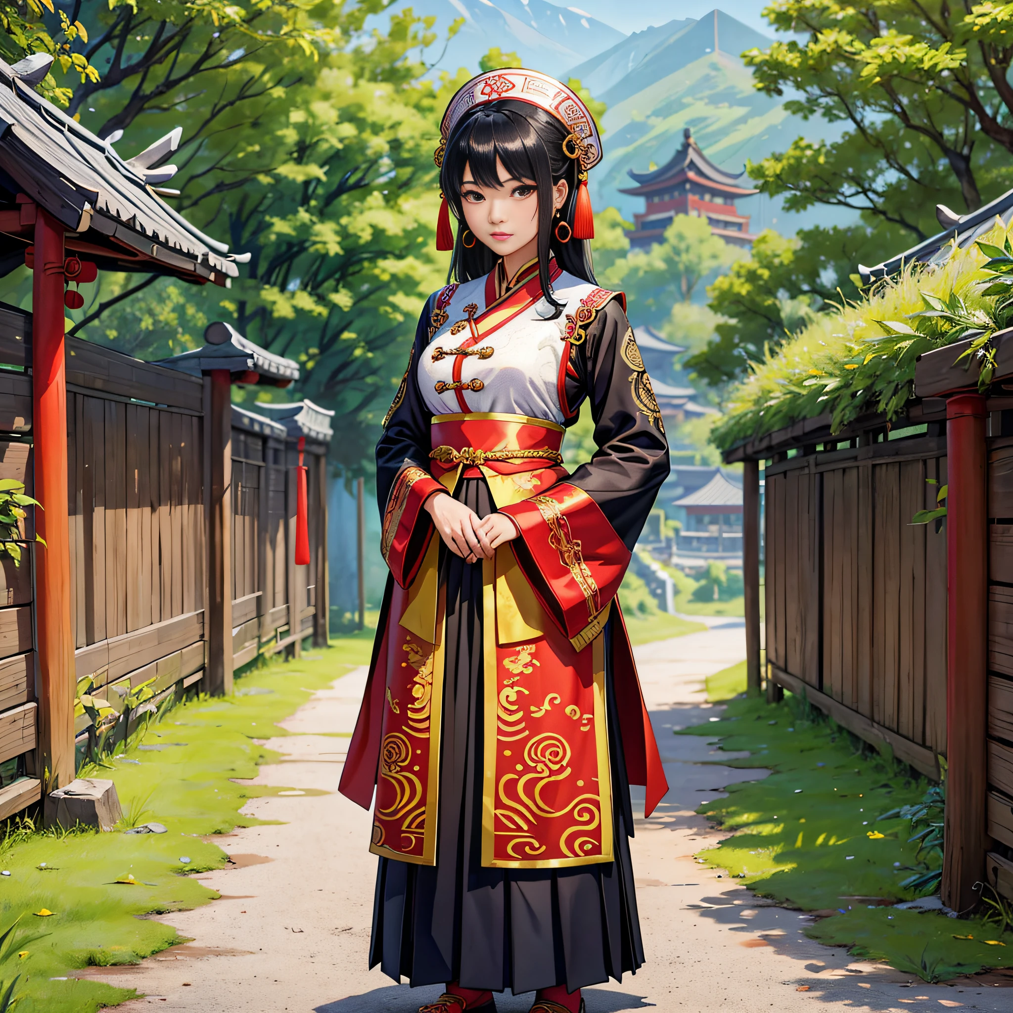 Yi girl, traditional Chinese costume, ethnic minority, 23 years old, Yunnan girl, China, monochrome background, trim garment, pleated skirt, silver row band, headkerchief, round earrings, collar, ethnic embroidery, super detail, super clear, 4K, full body portrait, heads-up, full body, warm color --auto --s2