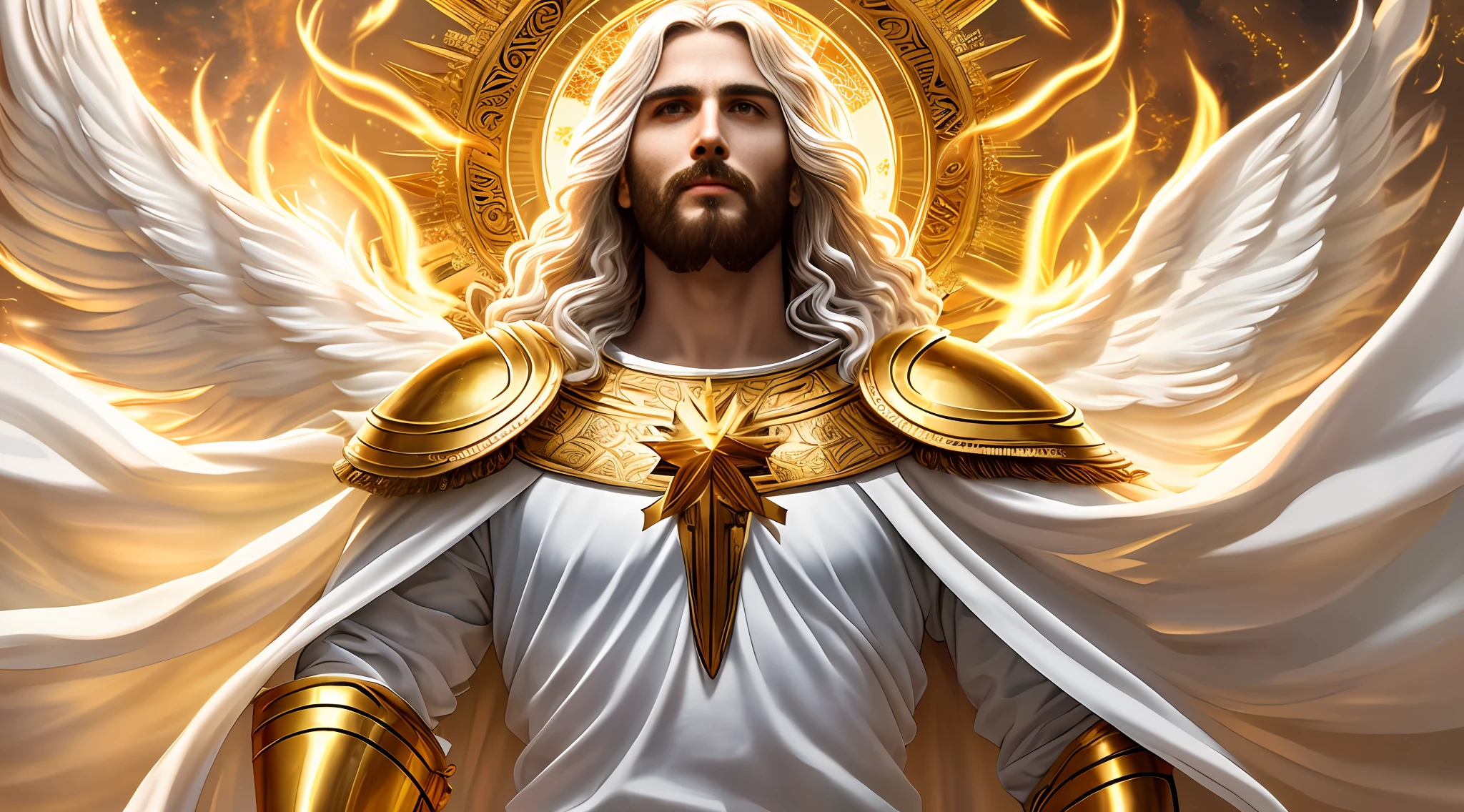 Jesus second coming in the heavens, face like the midday sun, crown, a tunic and a golden breastplate, hair as white as snow, eyes as flames of fire, feet as refined bronze in the furnace, light smile, Surrealism, backlighting, cinematic lighting, high quality, high details, best quality