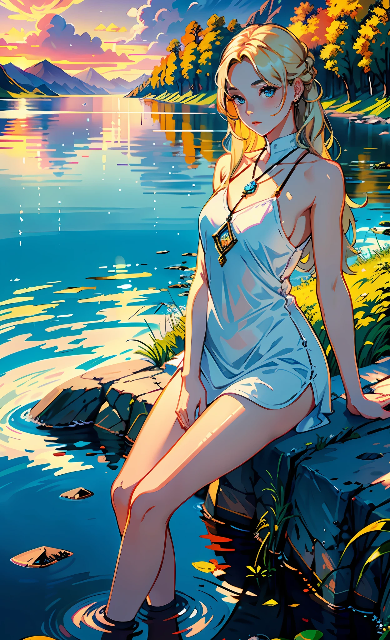 1 girl, serene expression, mesmerizing eyes, straight long hair, flowing dress, poised posture, porcelain skin, subtle blush, crystal pendant
BREAK
golden hour, (rim lighting):1.2, warm tones, sun flare, soft shadows, vibrant colors, painterly effect, dreamy atmosphere
BREAK
scenic lake, distant mountains, willow tree, calm water, reflection, sunlit clouds, peaceful ambiance, idyllic sunset, ultra detailed, official art, unity 8k wallpaper
, zentangle, mandala
