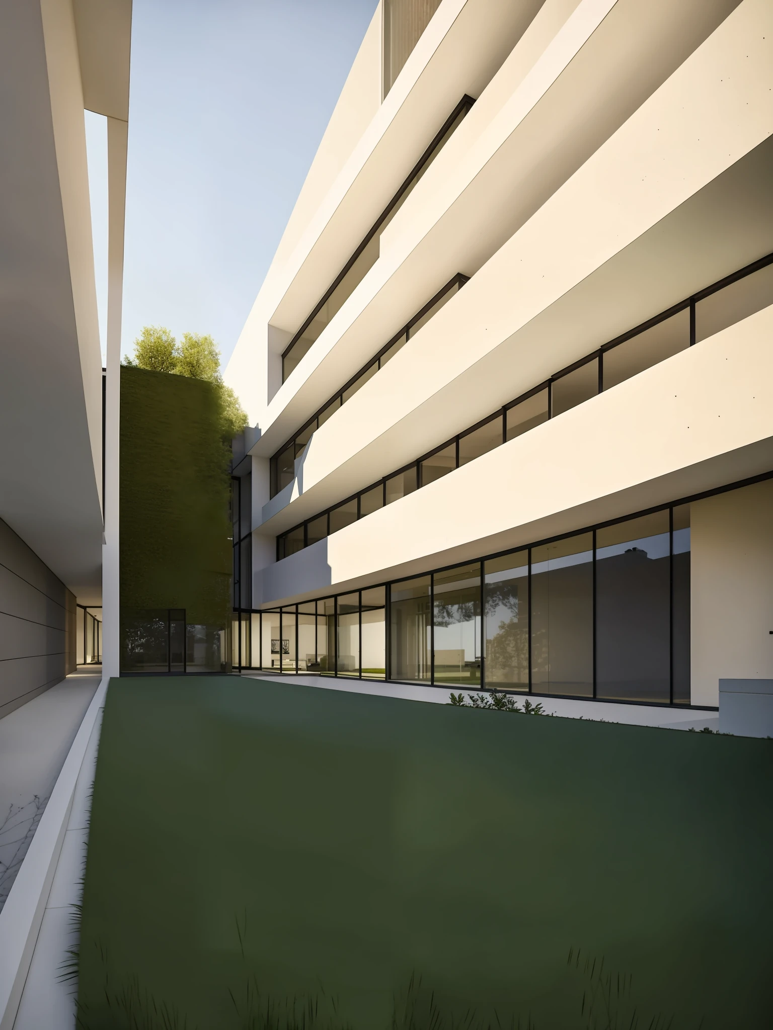 there is a green lawn in front of a building with a sign, school courtyard, the neat and dense buildings, view from ground level, ground level view, a wide open courtyard in an epic, ground - level view, ground-level view, brutalist courtyard, an abandonded courtyard, research complex, photo taken from the ground, ground view