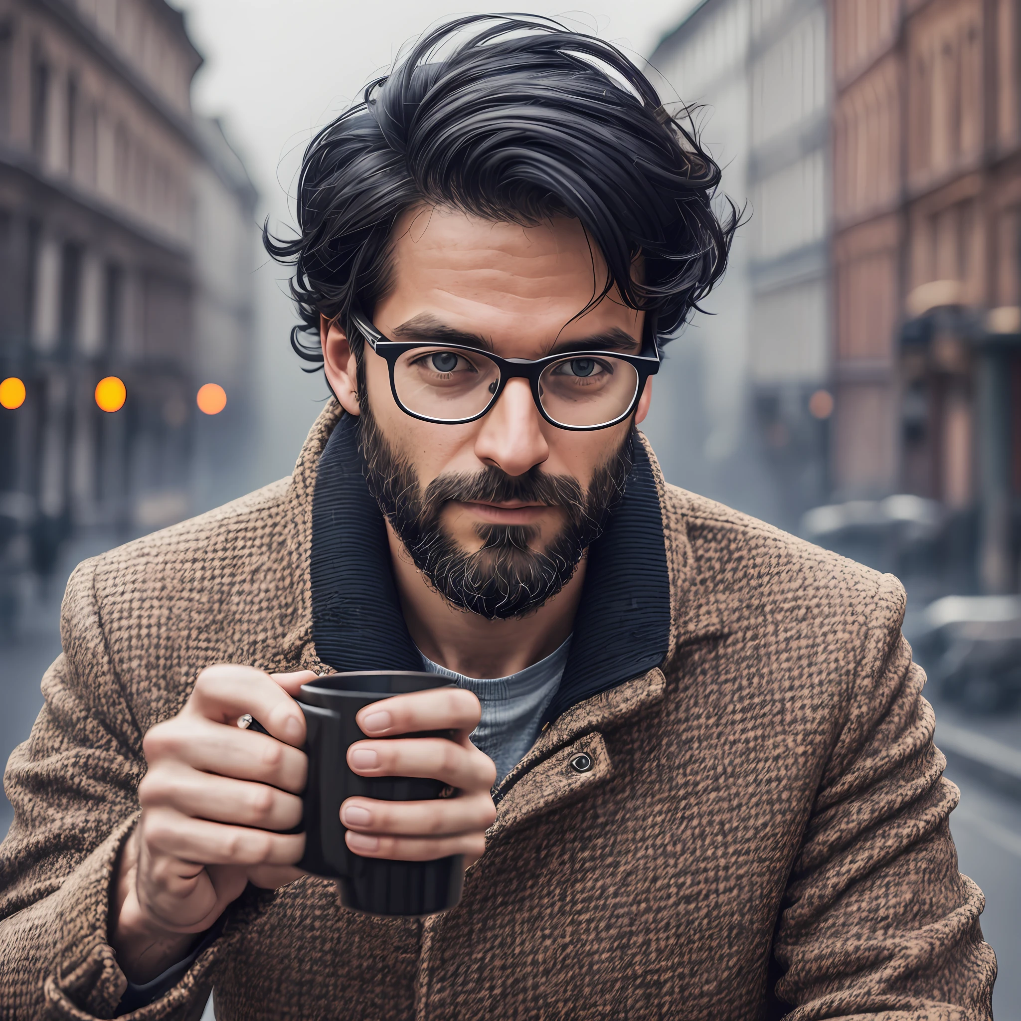 1 man, European, russia, black hair, hipster, Programmer, look at view, 30 years, happy, selfie, ((tired look)), glasses, coffee, highly detailed, more details, cinematic atmosphere, fog, precise correct anatomy, dynamic lighting, post-processing, global illumination, detailed and intricate environment, modelshoot style, 8K UHD