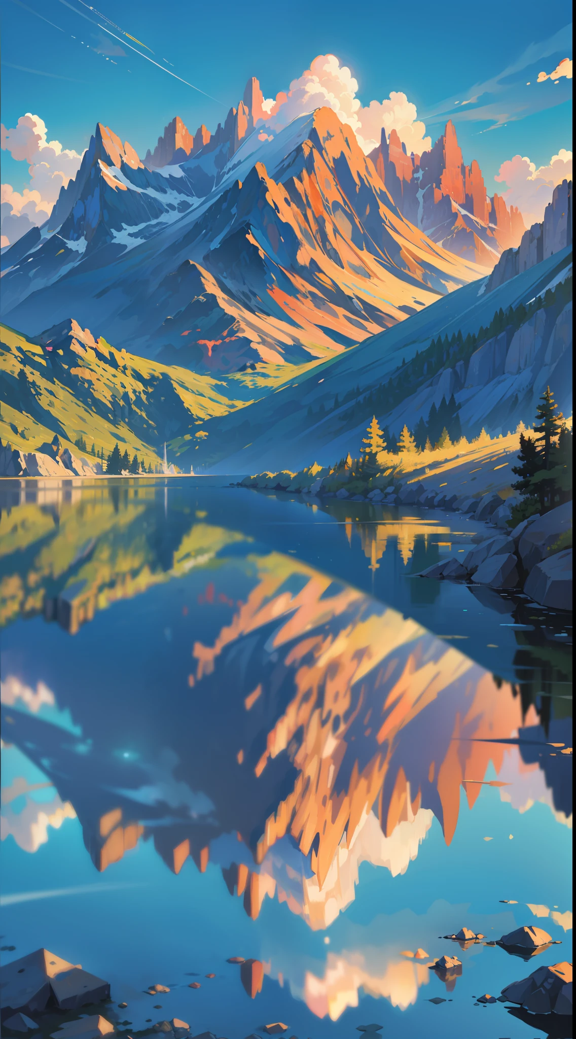 (extremely detailed,best quality,vibrant colors,dynamic positioning,reflection of light,wide perspective,summery vibes,mountainous scenery)