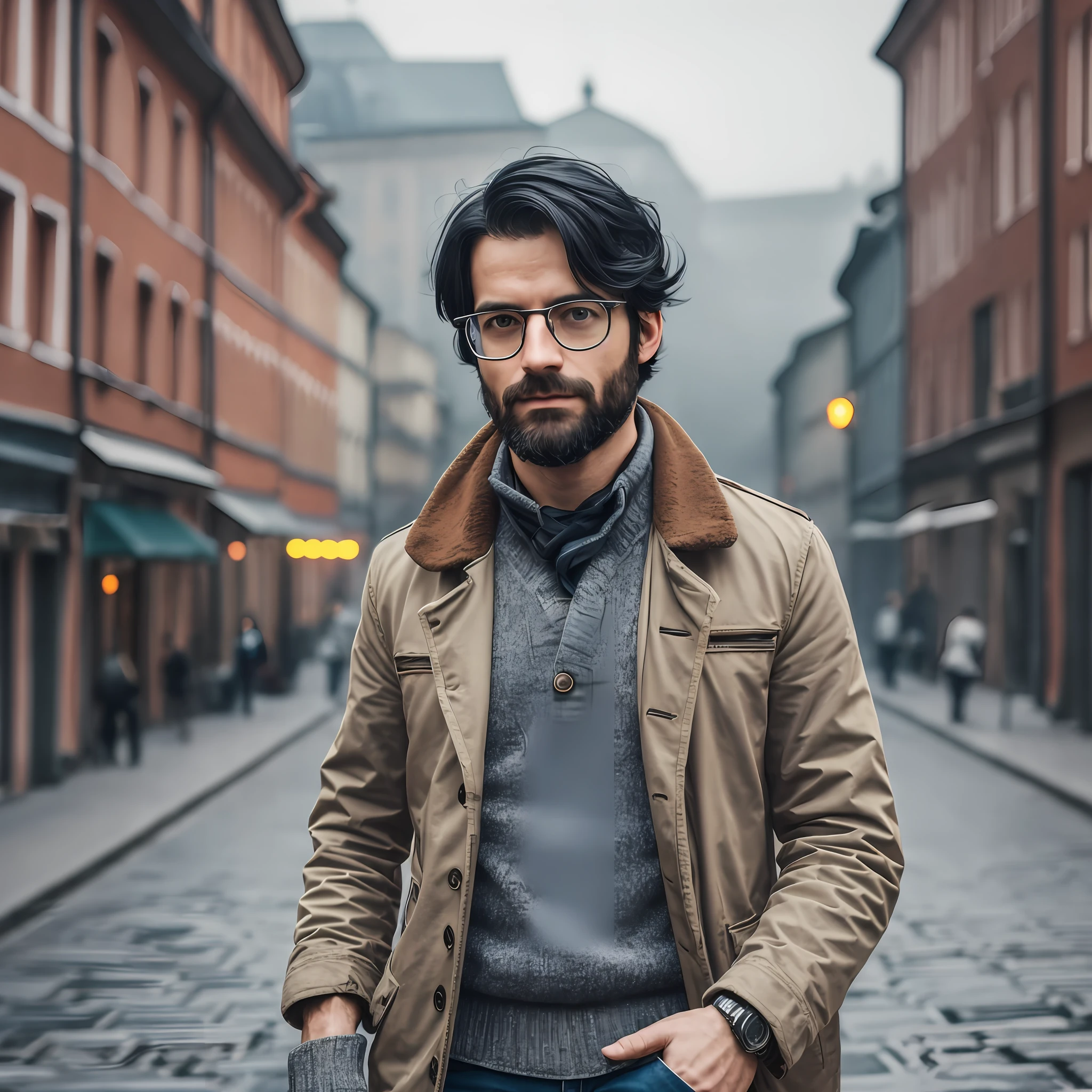 1 man, European, russia, black hair, hipster, Programmer, look at view, 30 years, happy, selfie, ((tired look)), glasses, coffee, highly detailed, more details, cinematic atmosphere, fog, precise correct anatomy, dynamic lighting, post-processing, global illumination, detailed and intricate environment, modelshoot style, 8K UHD